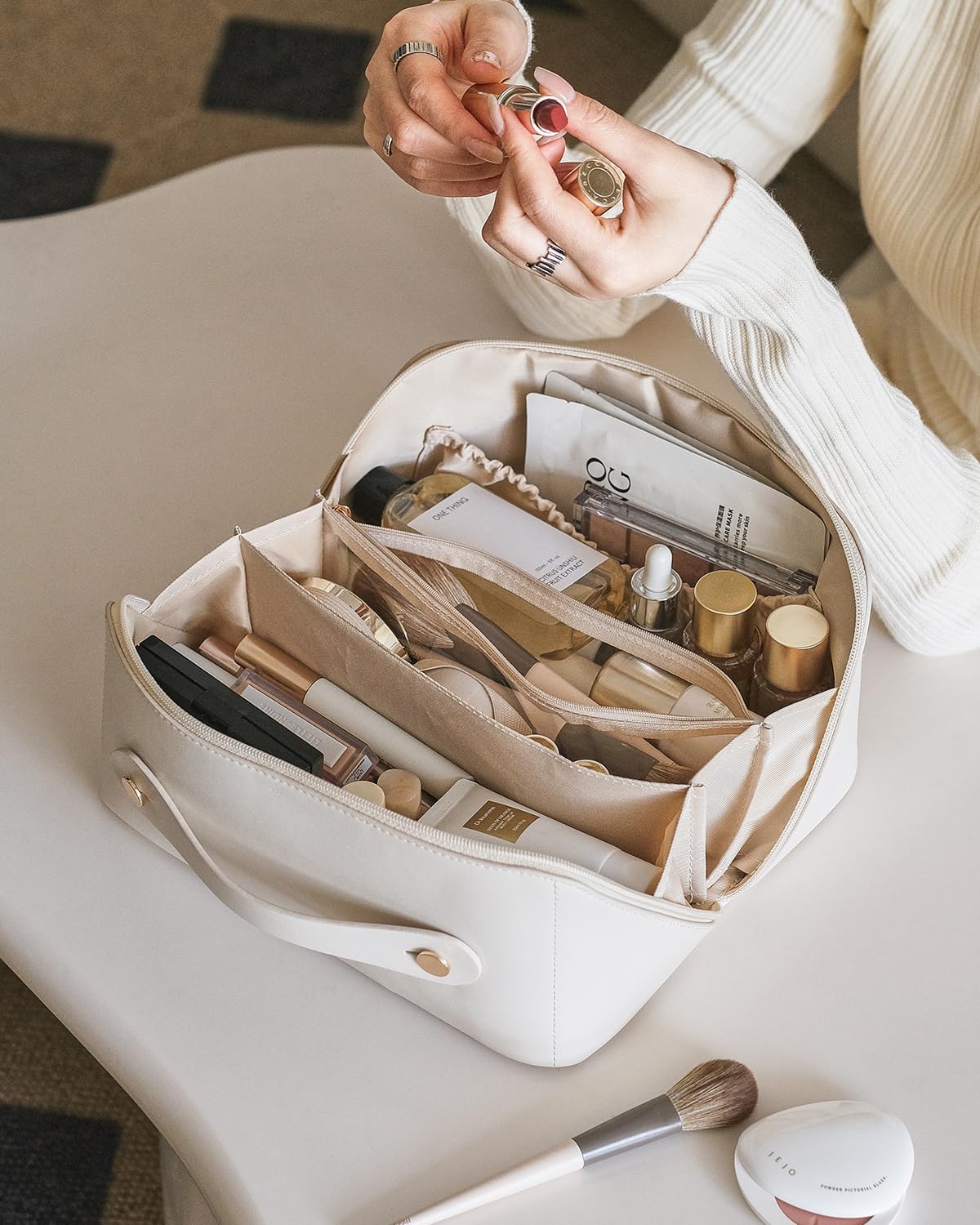 Travel Makeup Bag - Large Capacity Waterproof PU Leather Cosmetic Organizer for Skincare & Brushes | Portable Toiletry Bag