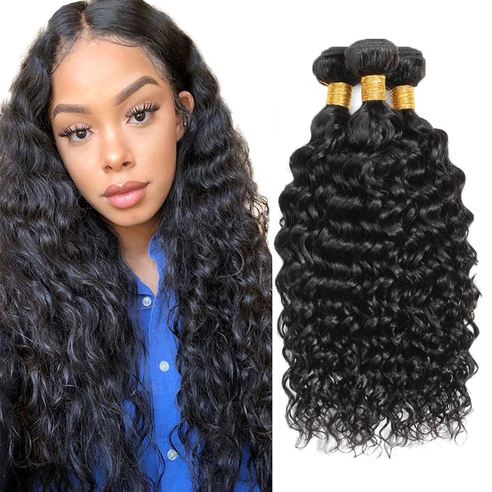 20 22 24 Inch Water Wave Bundles Human Hair 3 Bundles 50 Grams Per Bundle 10A Grade Unprocessed Brazilian Virgin Hair #1B Natural Color Water Wave Bundle Weaves Extensions for Black Women