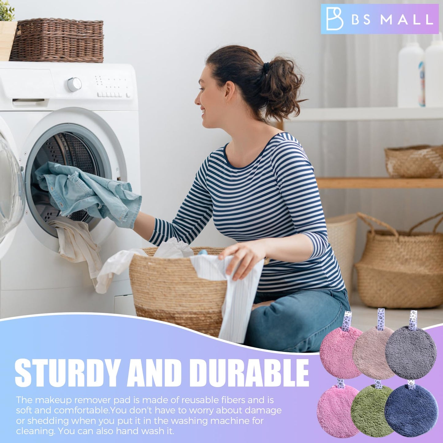 BS-MALL 6 Pcs Reusable Makeup Remover Pads with Round Box - Soft Micellar Water Wipes for Eye Shadow & Facial Cleansing - Gentle for All Skin Types - Perfect Women Gifts