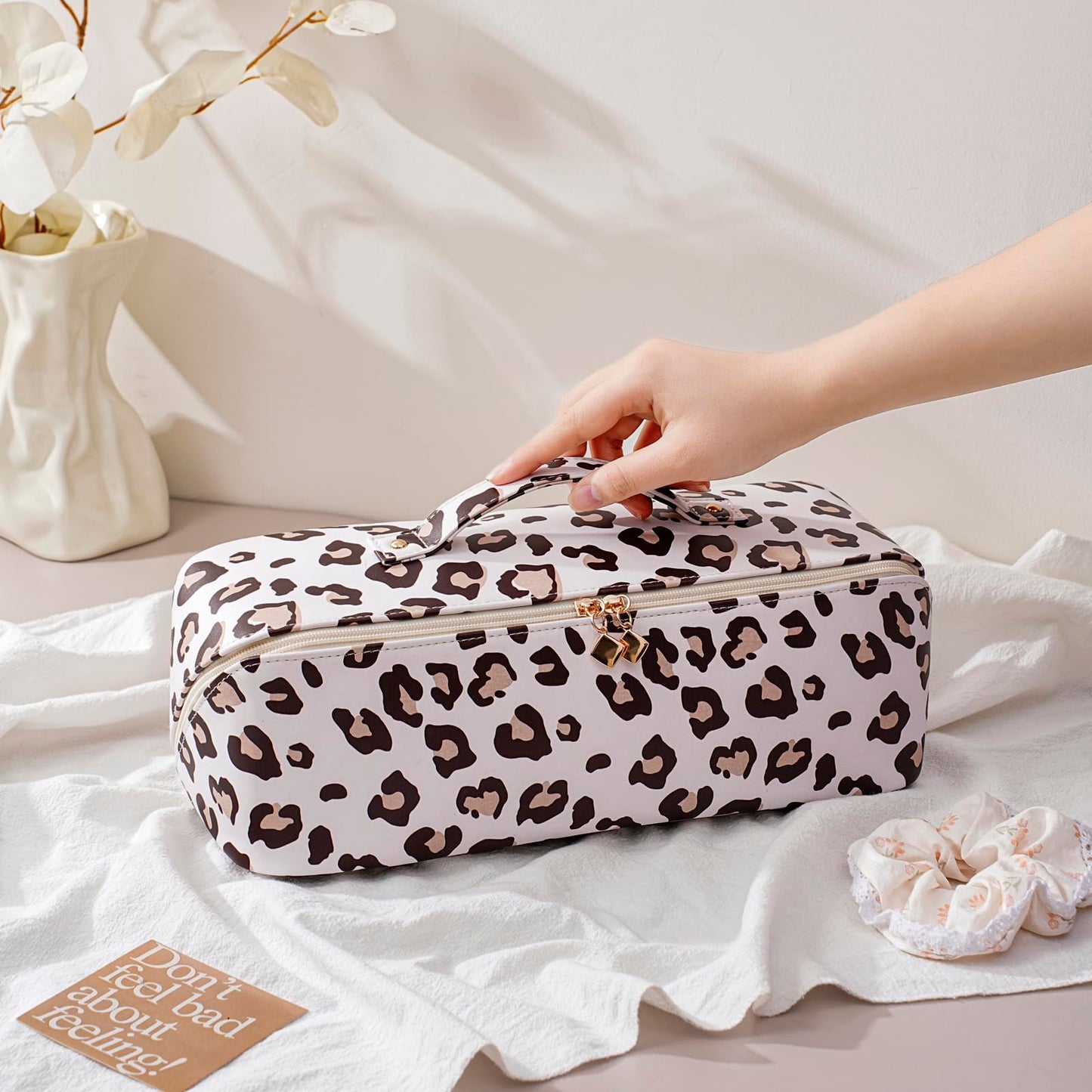 RSRSLEII Hair Tools Travel Bag, Waterproof Hair Styling Accessories Storage Case for Hair Dryer Straightener Curling Iron, Wide-open Hot Hair Tool Organizer with Dividers(01 Leopard)