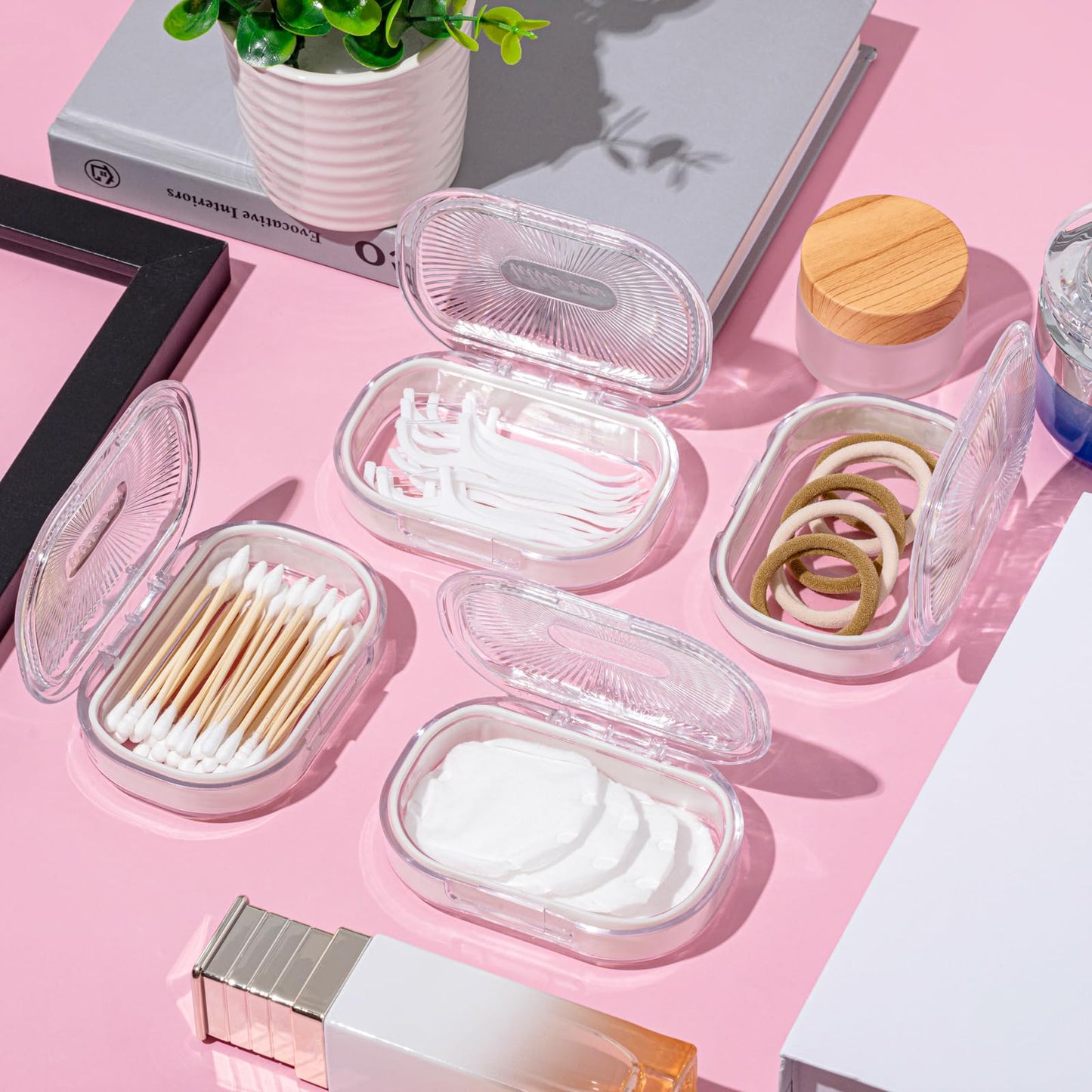 Kigley 4 Pcs Hair Tie Container Small Portable Travel Cotton Swab Holder Dispenser with Lid Plastic Box Storage Containers for Small Items (White,3.93 x 2.76 Inch)