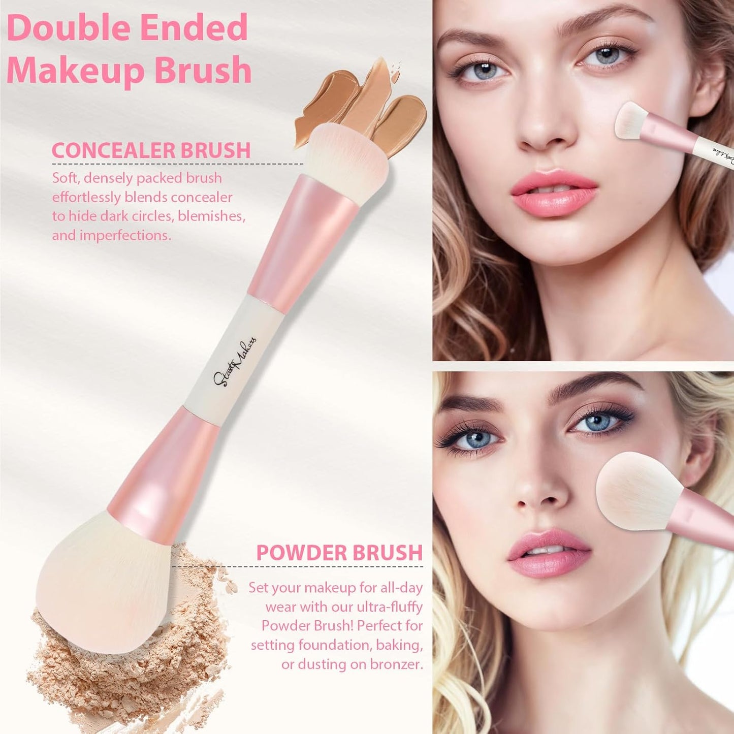 Makeup Brushes Set - 5-Piece Dual-Ended Pink Brush Set for Foundation, Blush, Contour & Eyeshadow | Travel-Friendly with Bag