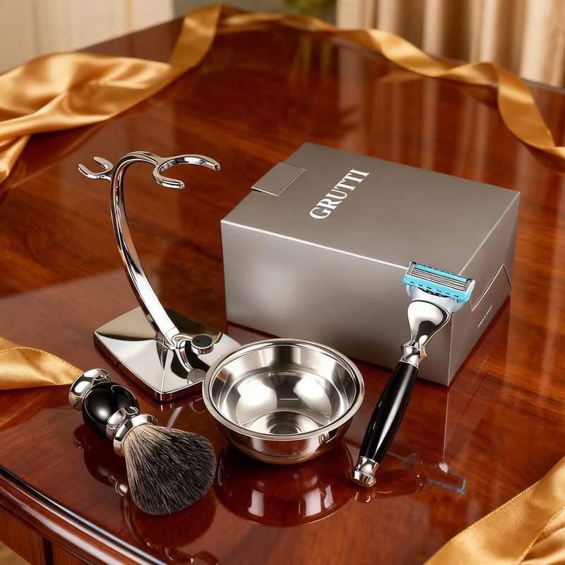 GRUTTI Premium Shaving Kit for Men, 4 in 1 Shaving Set Includes Shaving Stand & Soap Bowl &Brush, Deluxe Safety Mens Razor Holder with Non Slip Base Shaving Kit compatible with Fusion 5