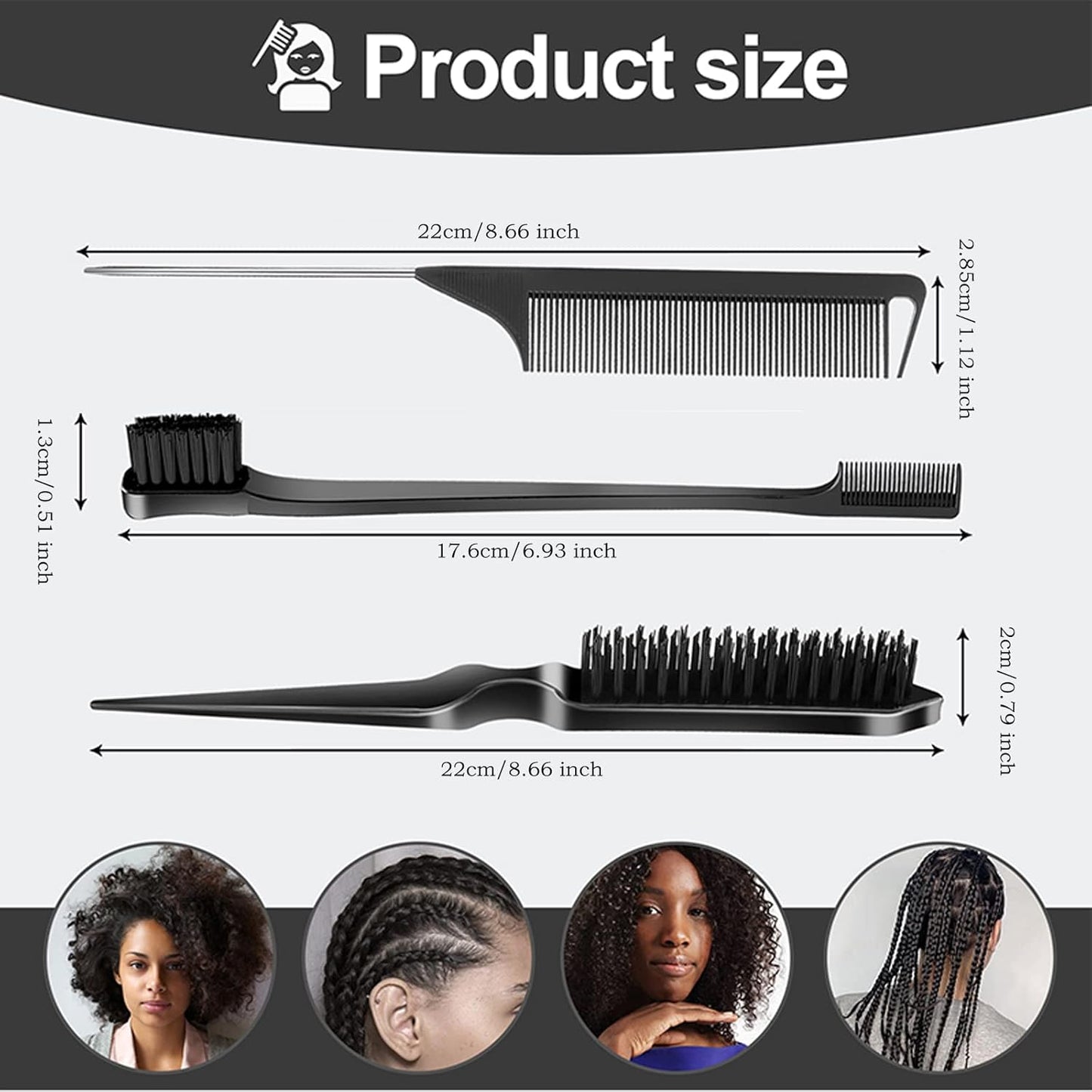 Slick Back Hair Brush Set - 3 Pcs Rat Tail Comb & Bristle Brush | Perfect for Kids & Toddlers' Sleek Ponytails & Edges