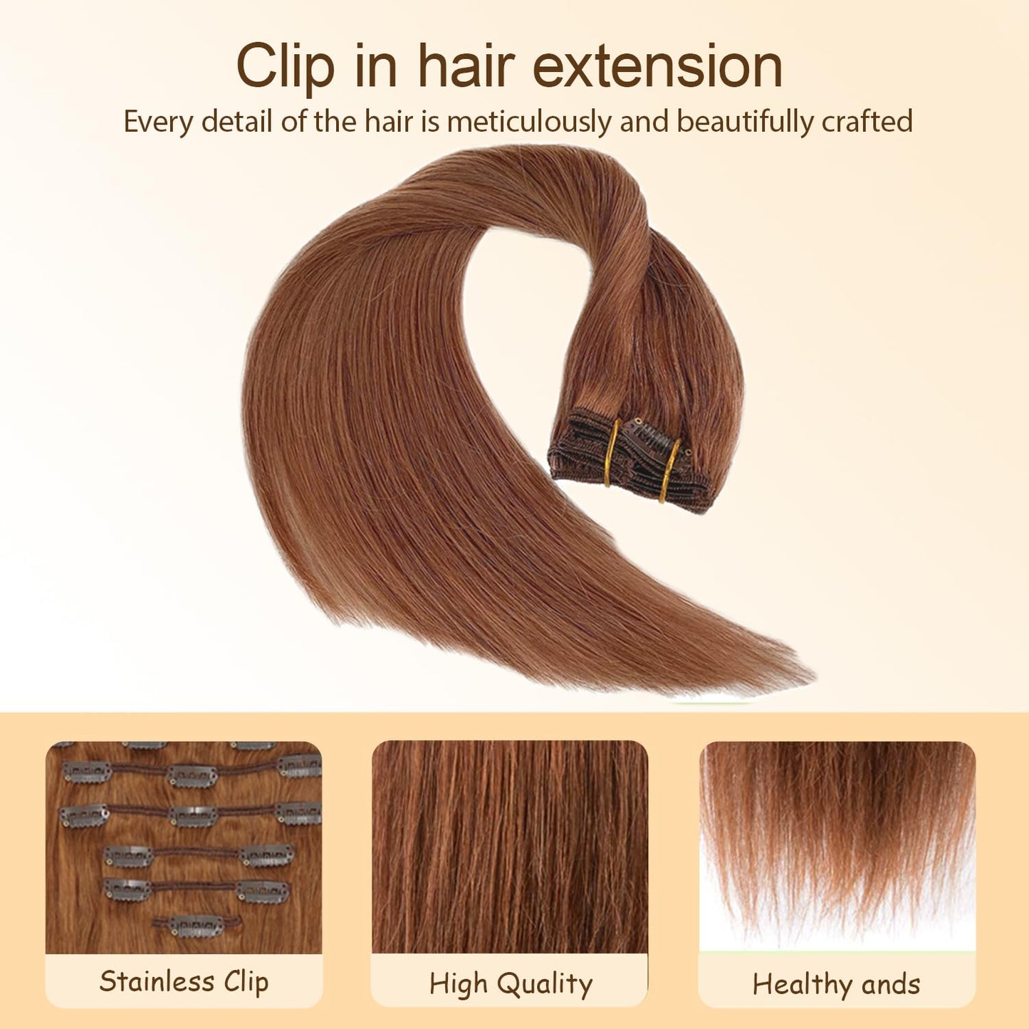 Clip in Hair Extensions Real Human Hair #30 Brown, 14 Inch 120g/7Pcs,Full Shine Remy Human Hair,Light Brown Straight Clip ins Brazilian Virgin Human Hair Extensions