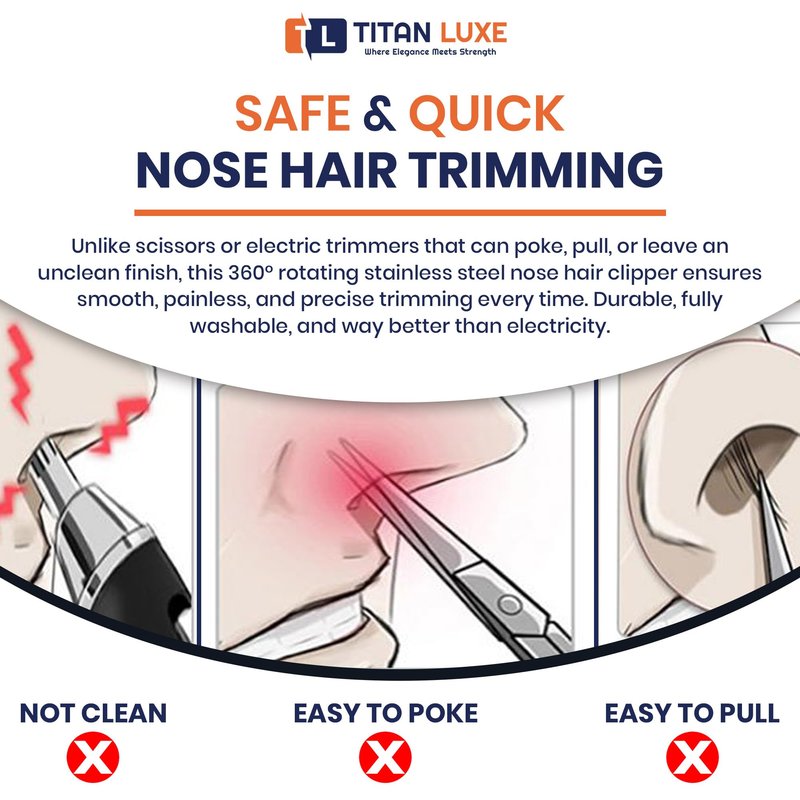 Titan Luxe Stainless Steel Hair Trimmer for Men and Women | Manual Nose and Ear Hair Trimmer | Nose Clippers, 360° Rotating Hair Trimmers | Washable Nose Hair Remover | Black