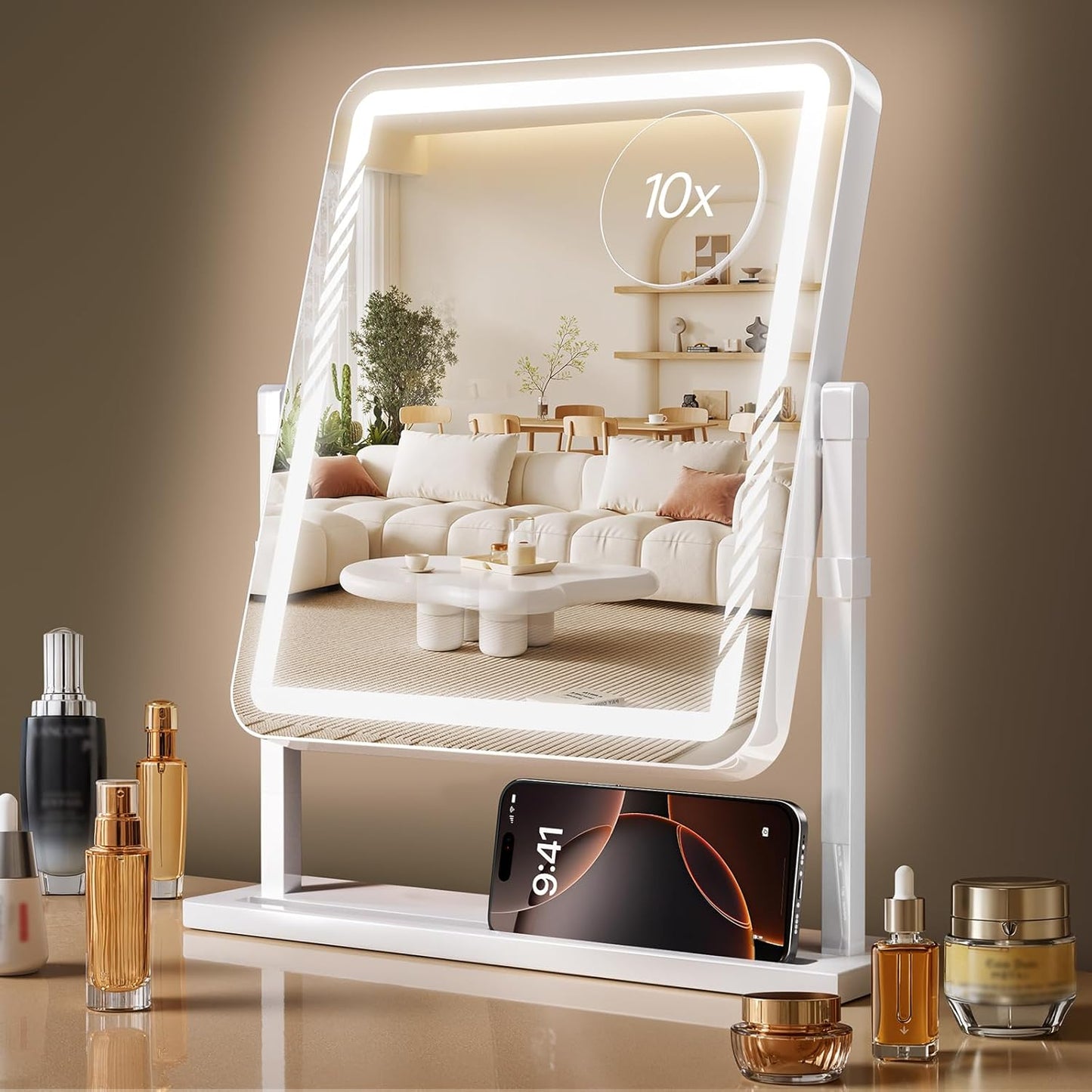 Makeup Mirror with Lights - Height-Adjustable 360° Rotation & Smart Touch Control | Large 17.5in White Vanity Mirror