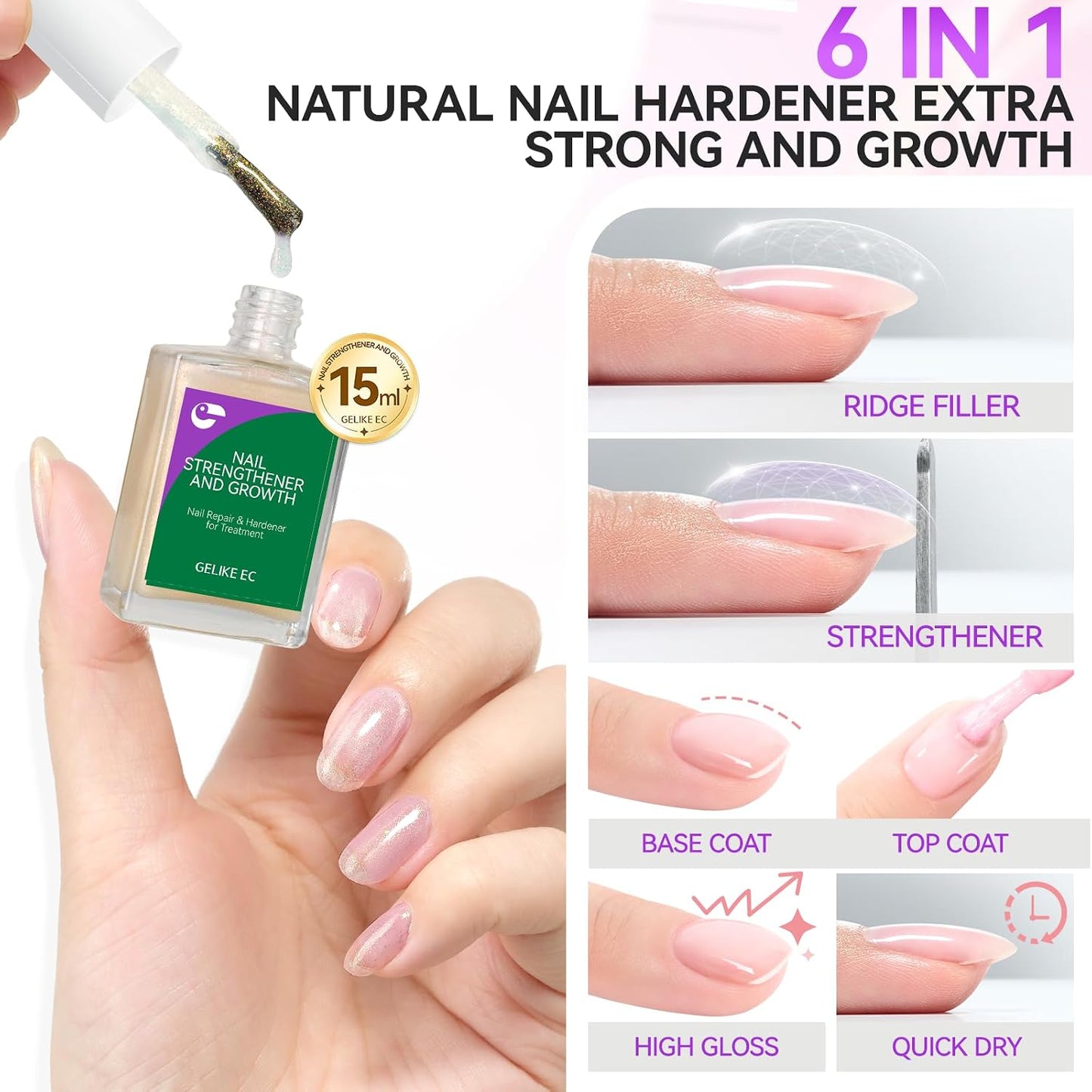 Nail Strengthener - Glitter Pink 15ml Natural Protein Hardener | Extra Strong Repair for Damaged Nails & Growth