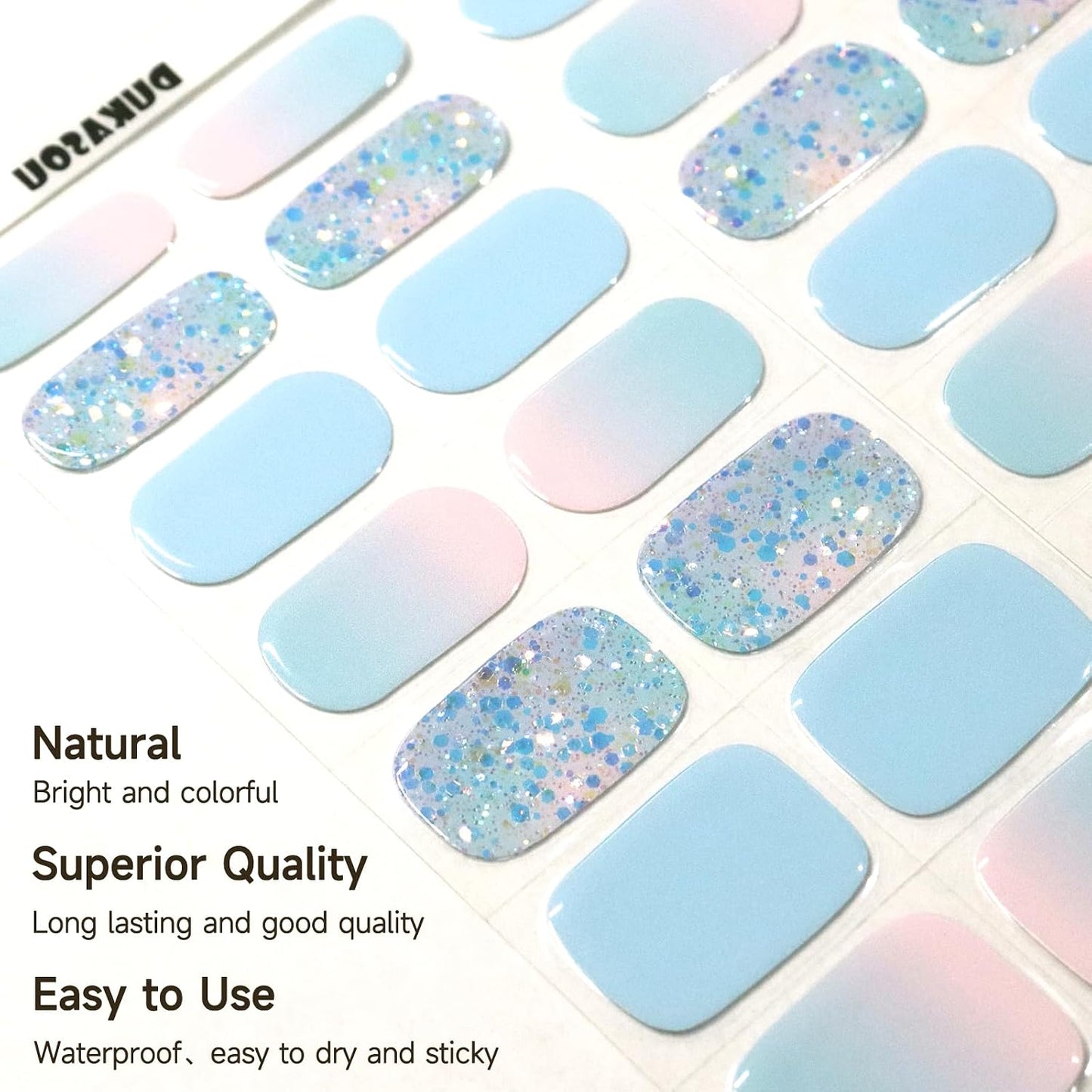 Gel Nail Strips - Semi-Cured UV Nail Stickers for Long-Lasting Manicure | 28 Pcs Light Blue