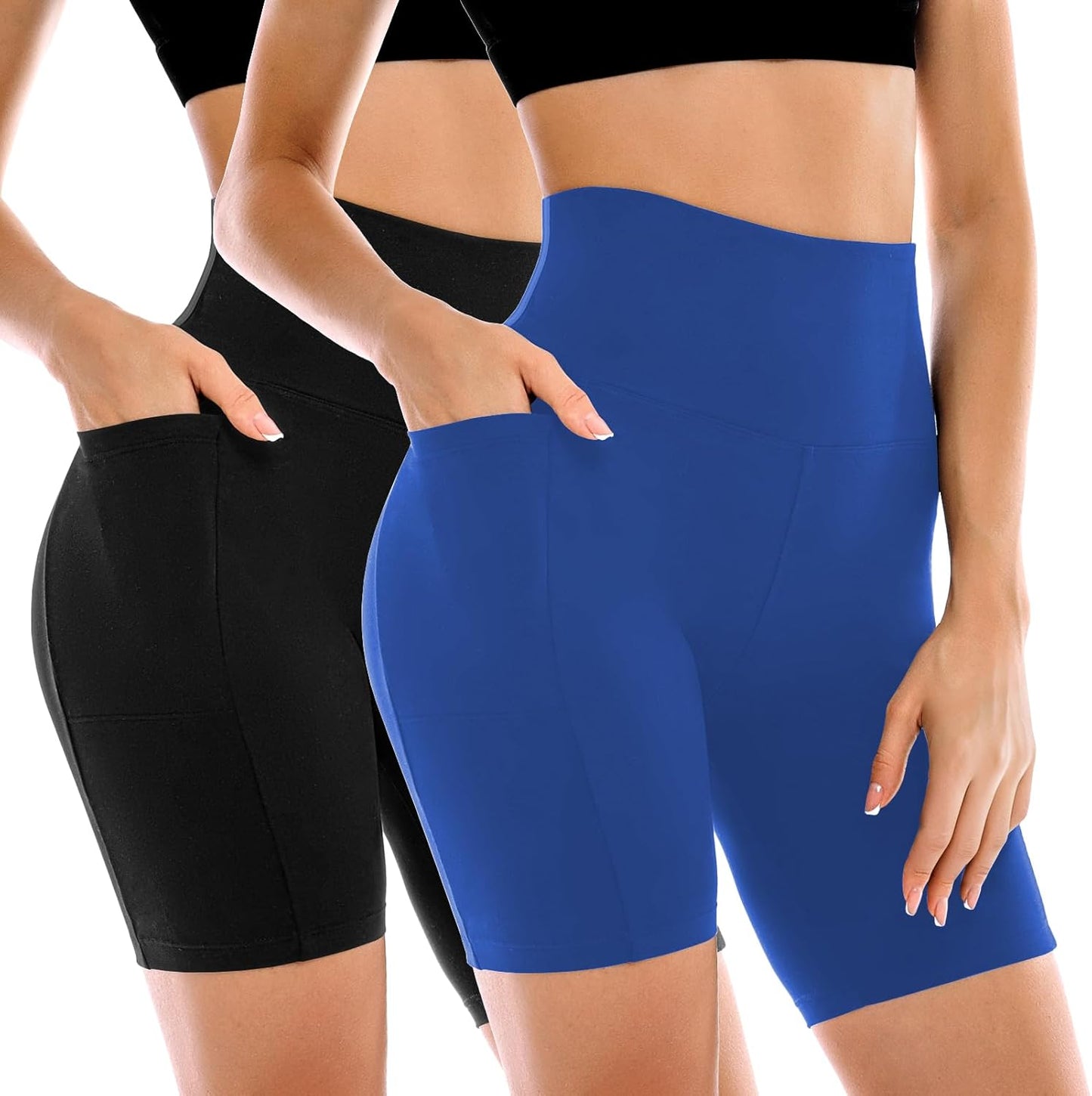 High Waisted Tummy Control Biker Shorts for Women - 2 Pack with Pockets | Yoga & Workout Gear