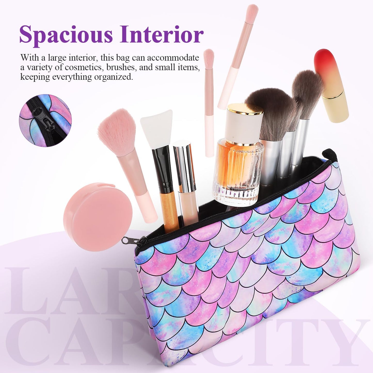 Mermaid Makeup Bag Travel Cosmetic Bag Zipper Pouch Women Cosmetic Organizer for Brushes Toiletry Makeup Pouch Storage Lightweight Wrist Strap 9.05 X 5.51 X 0.19 in