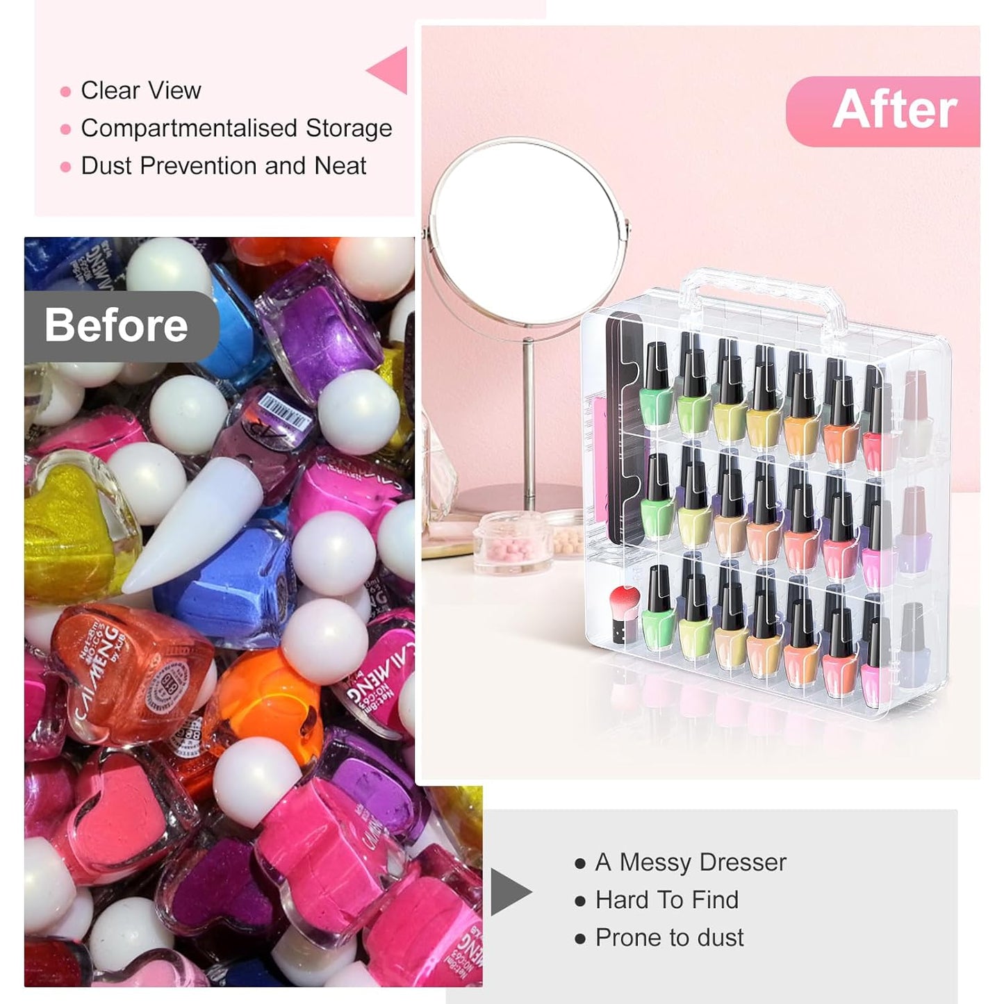 Nail Polish Organizer - 48 Bottle Transparent Holder with Adjustable Divider | Double-Sided Gel Polish Storage Case