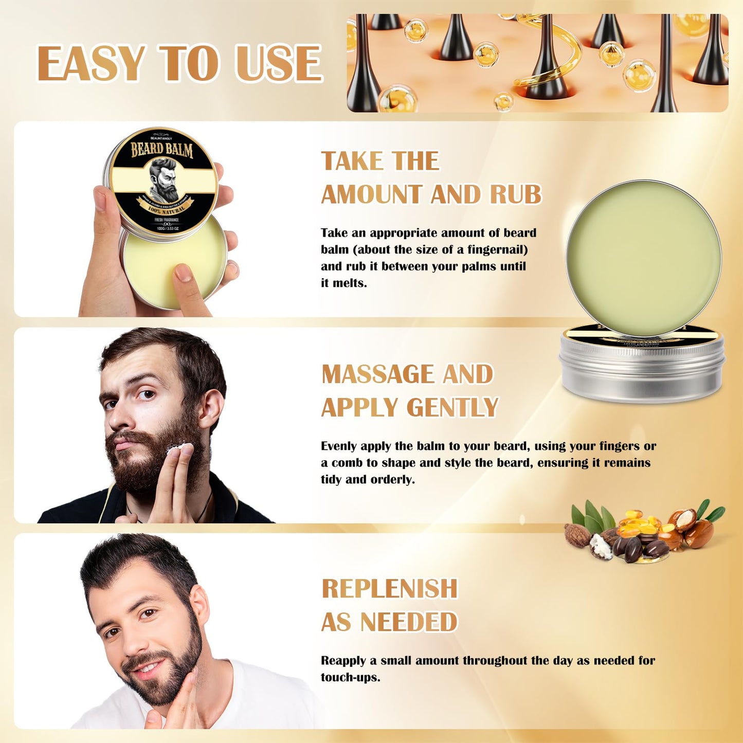 2 PACK Beard Balm for Men, 100% Natural with Shea Butter, Argan Oil, Jojoba Oil, Vitamin E - 7.06 OZ Beard Softener Moisturizer for Men