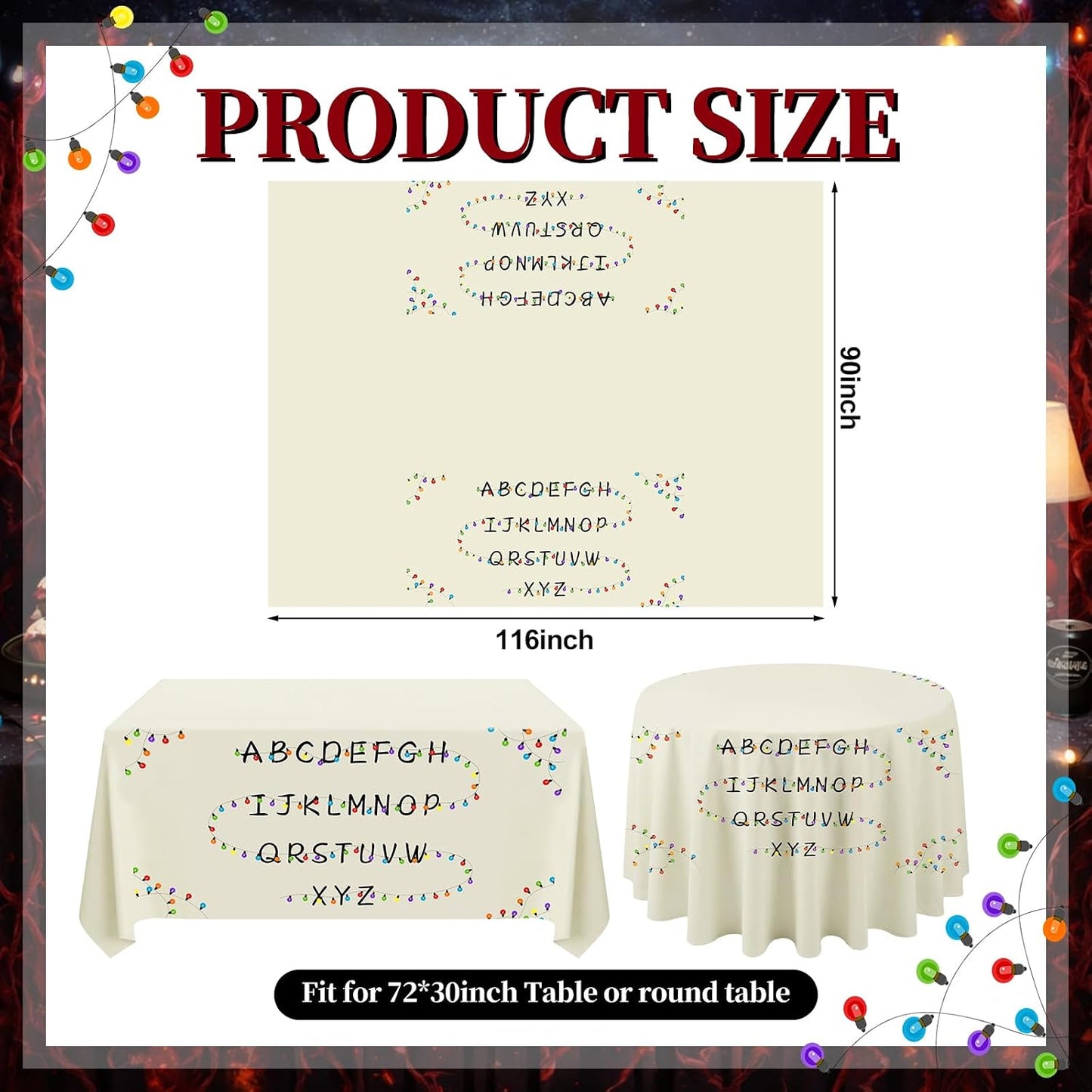 Stranger Theme Tablecloth - 90'' x 116'' Colorful Design for Birthday & Halloween Parties | Fits 72'' x 30'' Tables