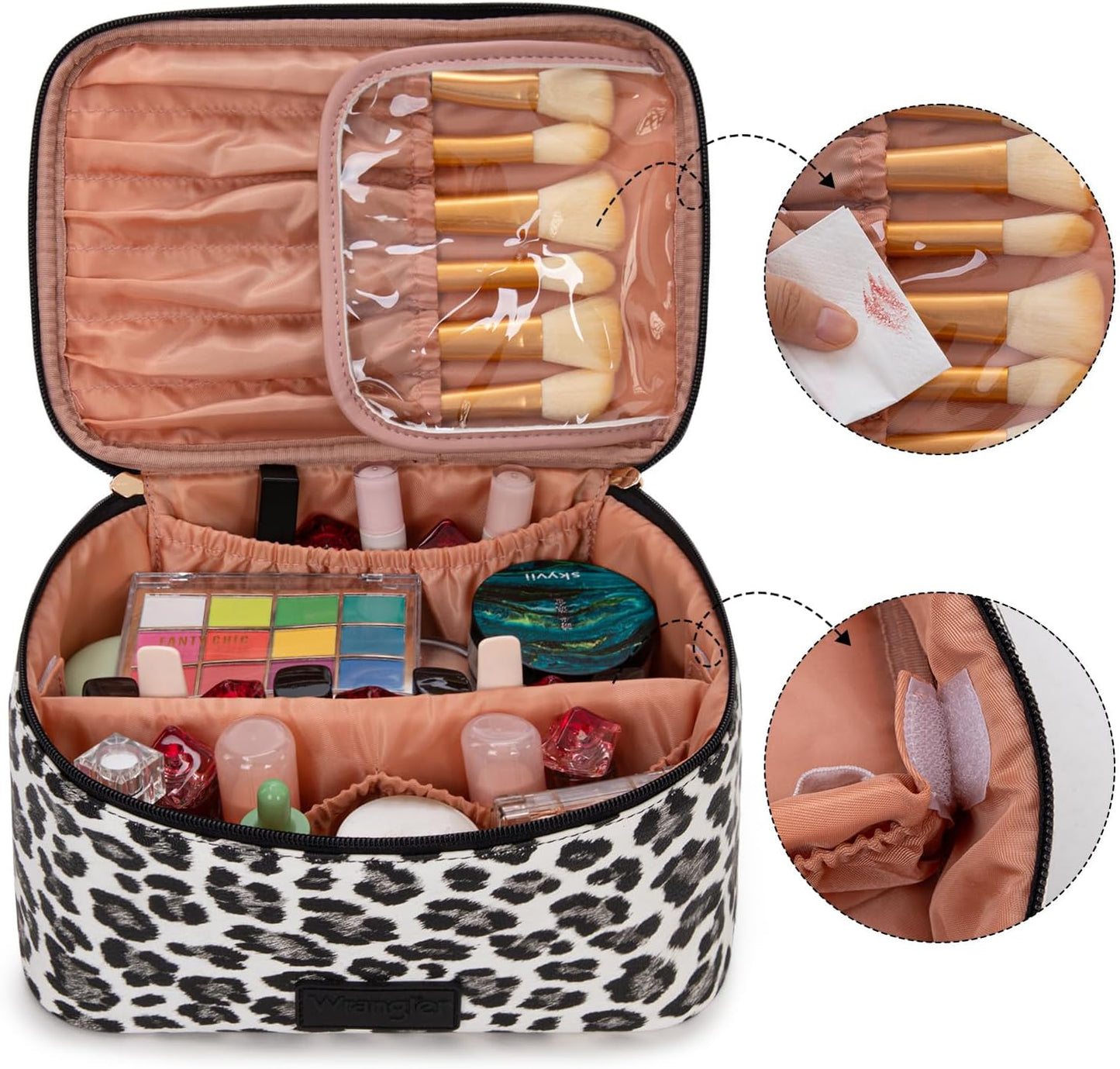 Travel Makeup Bag Set - Large Cosmetic Organizer with Brush Holder & Divider | Portable Toiletry Bag for Women - Leopard Print