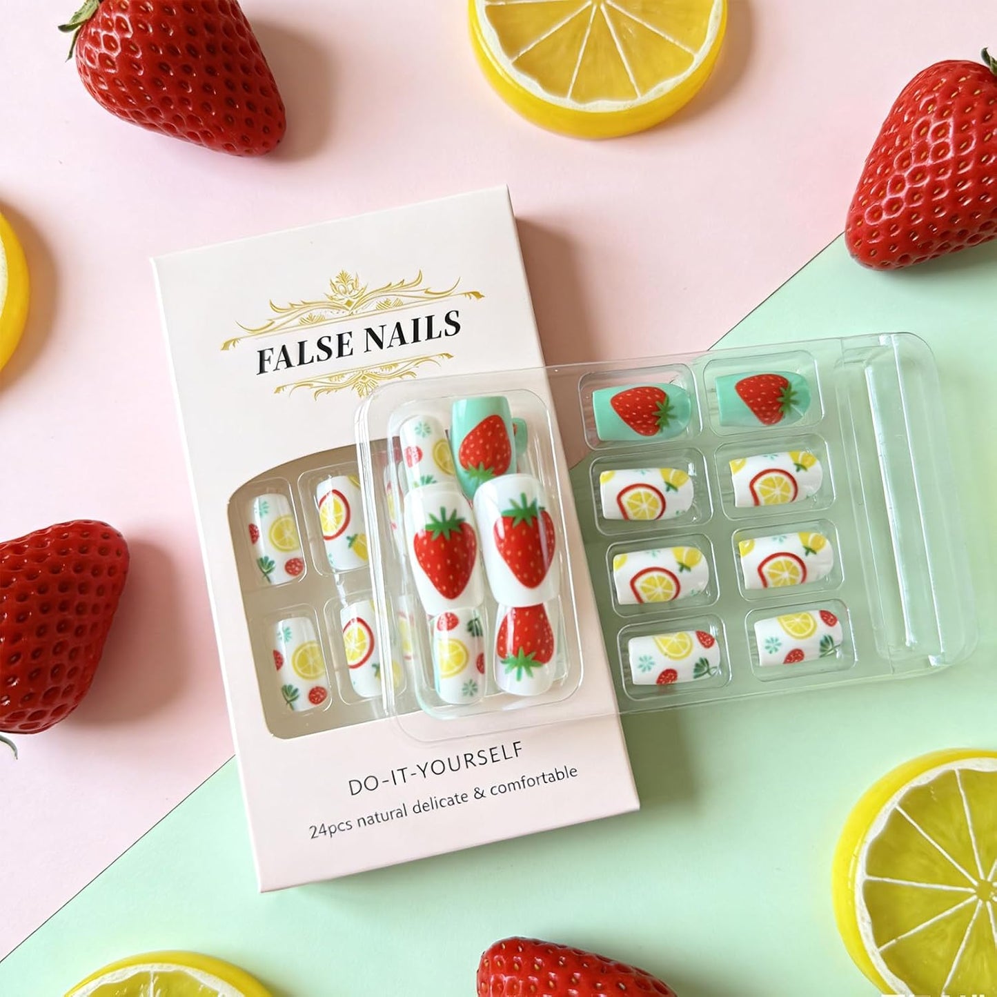 Press On Nails - Medium Square Strawberry Lemon Design | Glossy Acrylic Full Cover, 24 Pcs Reusable