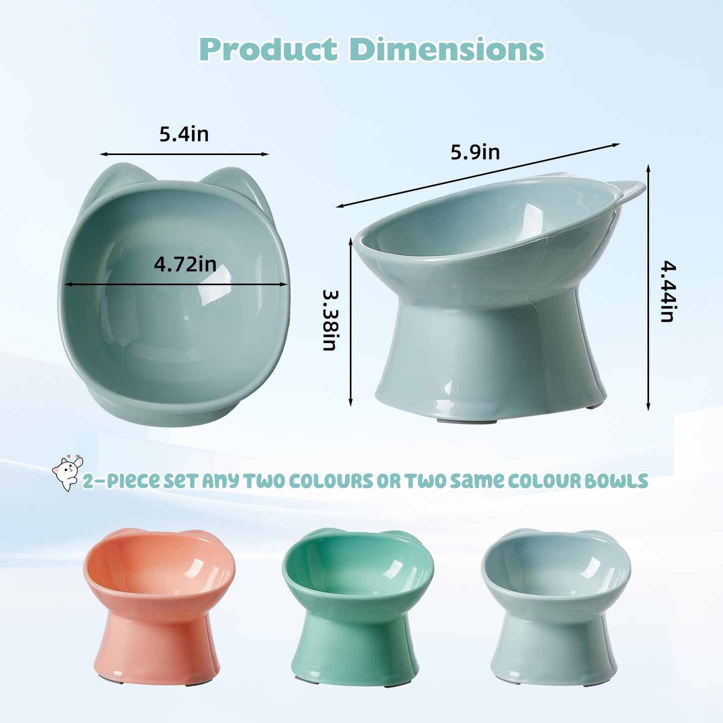 KSIA Klear Elevated Cat Bowls 2 Pack, Tilted Raised Cat Bowl for Food and Water, 4.72" Wide, Whisker Friendly Anti Vomit for Indoor Cats, Microwave and Dishwasher Safe, Blue