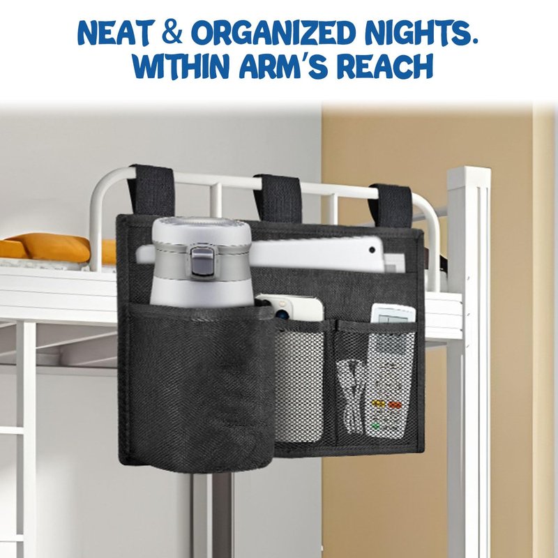 BOHEMIABY Hanging Bedside Caddy, 4 Pockets Bunk Bed Caddy, Bed Pocket for University Dormitories, Hospitals, Chairs, Crib Guardrails for Mobile Phone, Tablet Computer, Remote Control, Water Cup