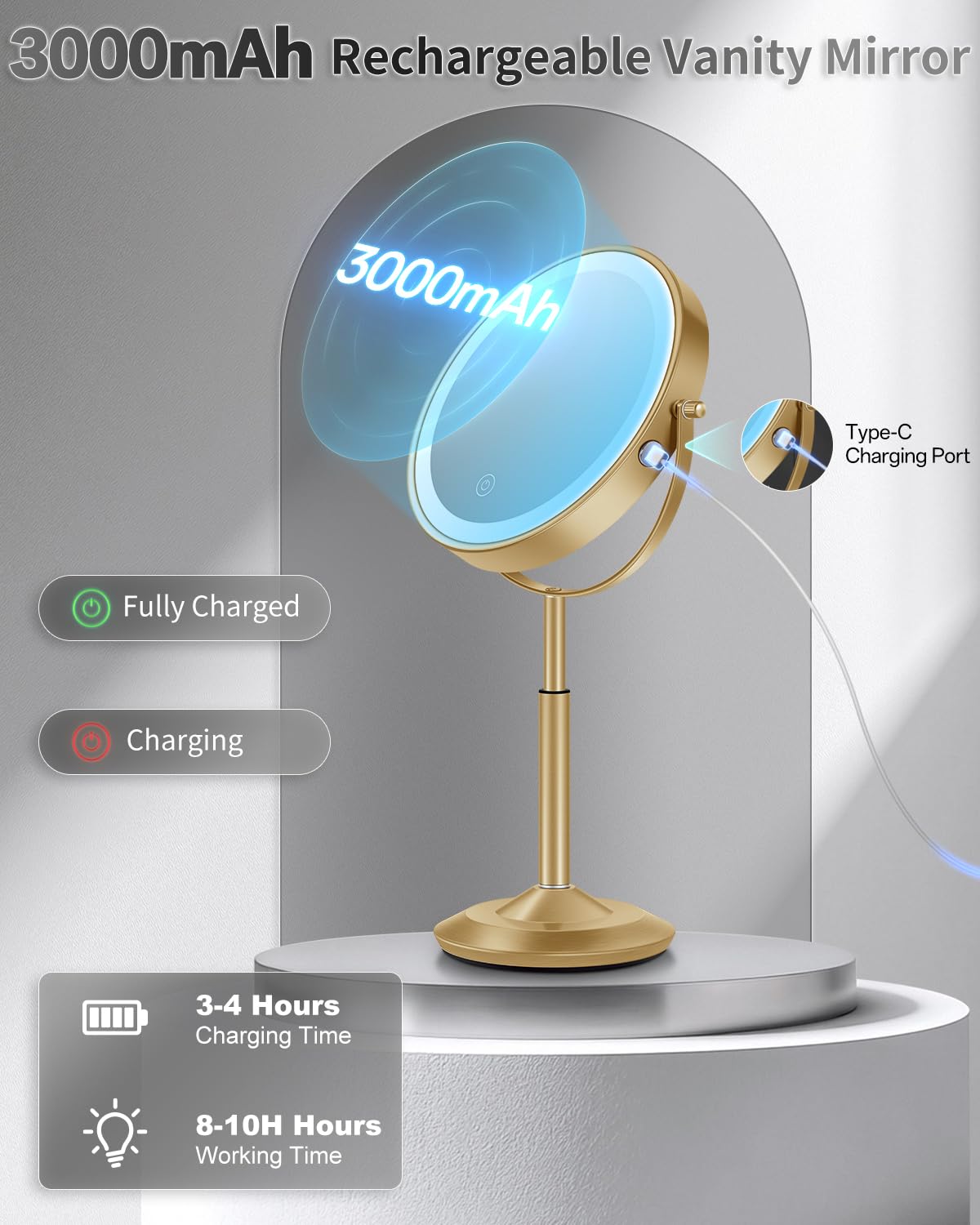 VFD 8'' 30X/1X Magnifying Makeup Mirror with Lights Height Adjustable