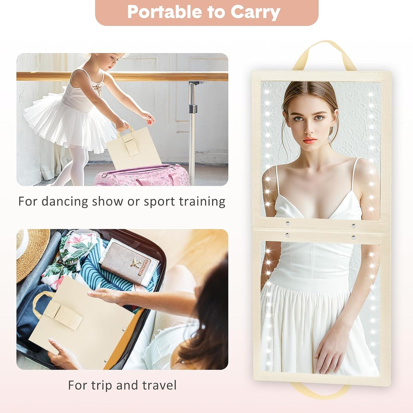Lighted Hanging Mirror - Rechargeable LED Full Length Mirror for Dancers | Portable & Adjustable Brightness, Beige
