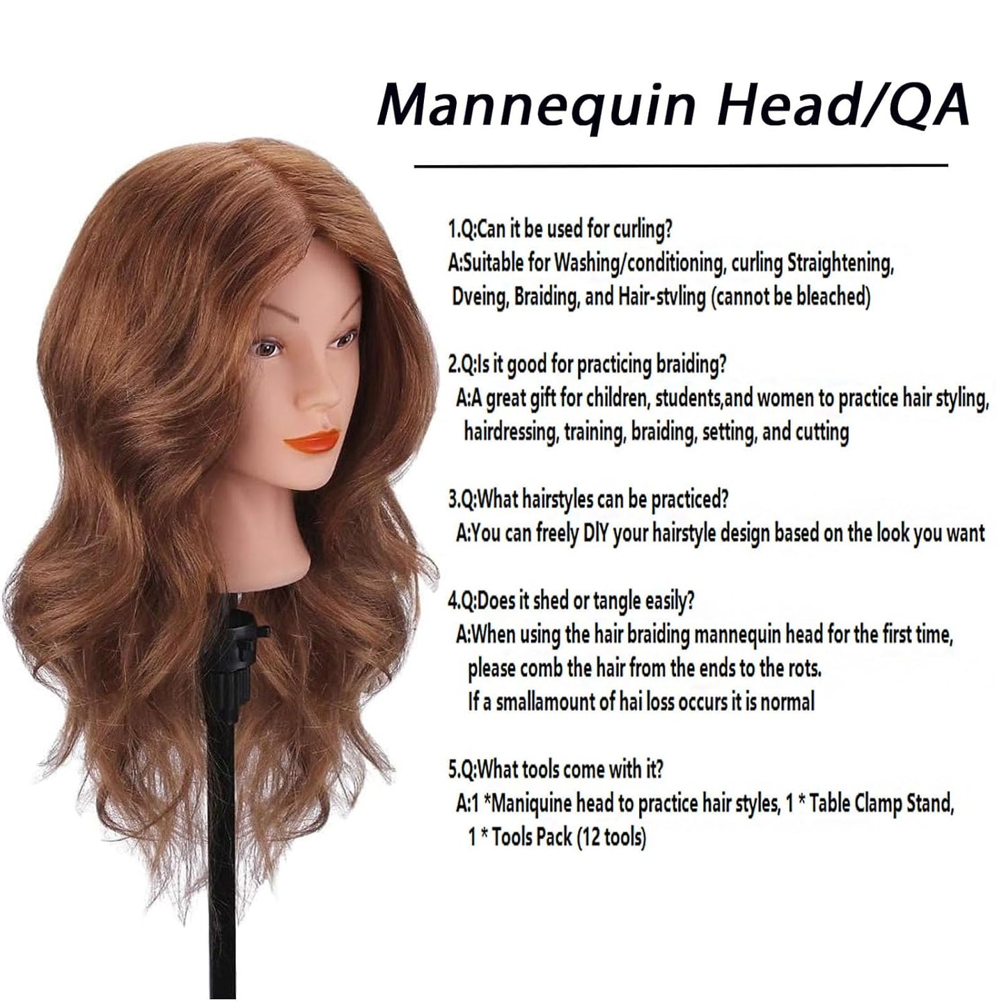 Real Hair Mannequin Head for Cosmetology | 100% Human Hair Styling Practice Doll with Clamp Holder (Dark Brown)