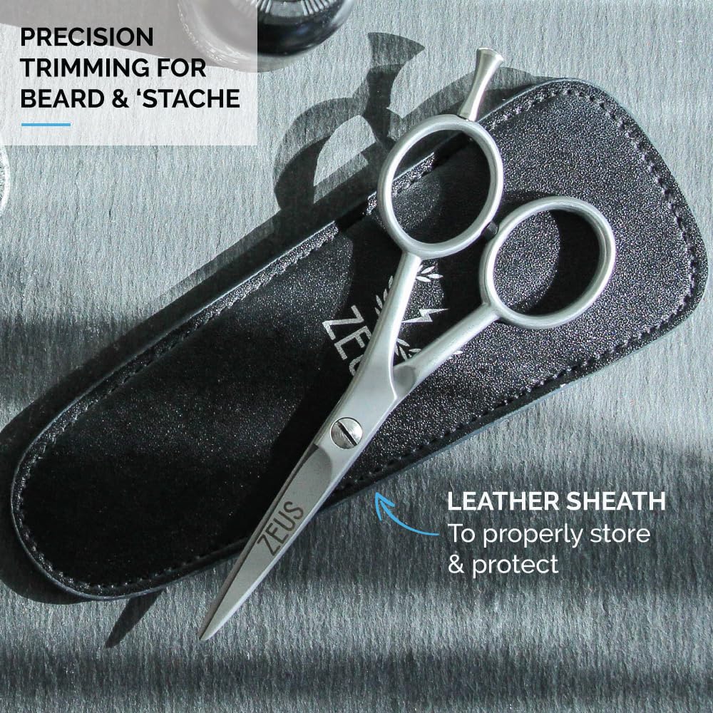 ZEUS Stainless Steel Beard Trimming Scissors with Leather Case, Facial Hair Clipping Tool for Barber Quality Beard & Mustache Trim, Great for Father's Day (Made In Germany)