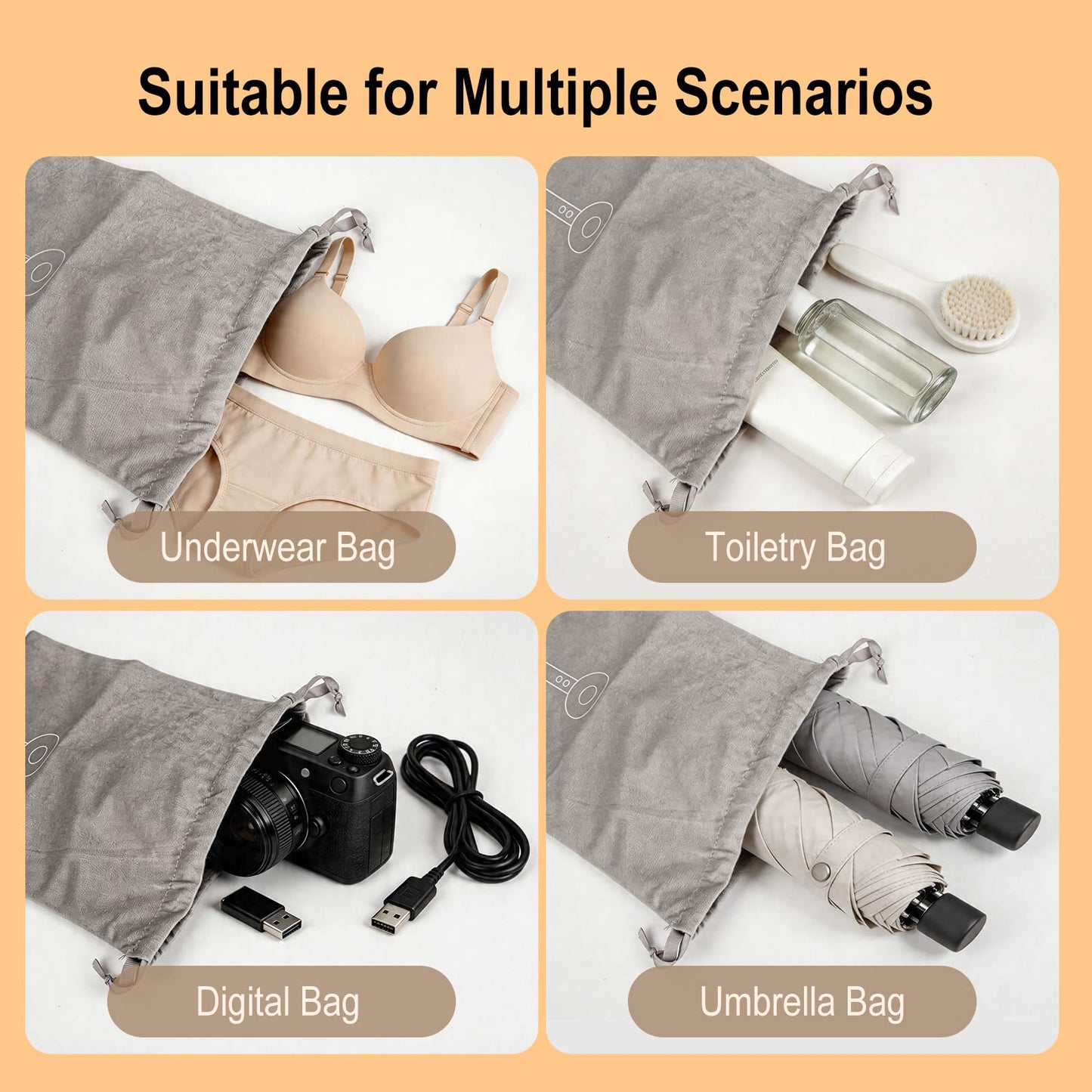 Etenpo 3 Pack Hair Dryer Bag with Double Layer, Grey Large Blow Dryer Bag for Travel and Home Storage, Heavy Duty Drawstring Hair Dryer Storage Bag for Attachments and Styling Tools (9.8" x 13")