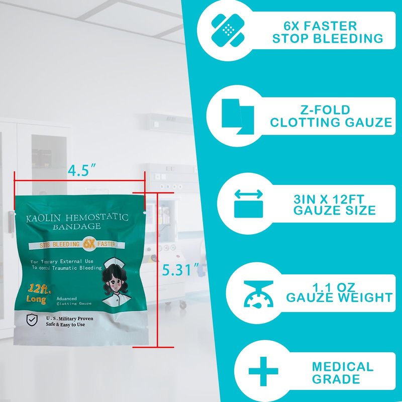 Quick Clot Gauze, First Aid Advanced Stop The Bleed Kit Combat Flexible Hemostatic Gauze-Bleed Stop Faster Wound Packing Medical,Survival Kit Supplies (3" x 12.5')