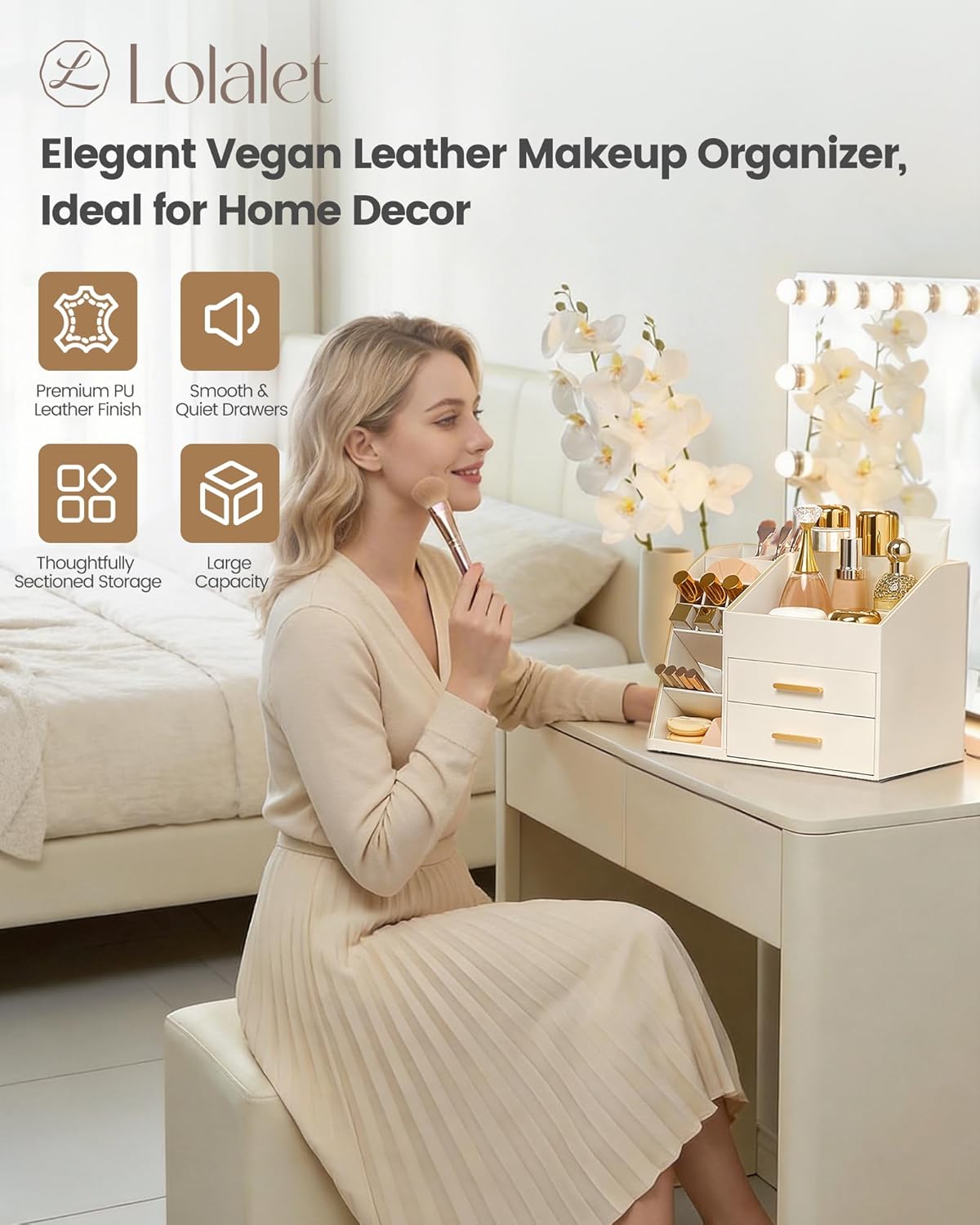 Makeup Organizer - 3-Layer PU Leather Storage Box with Drawers | Easy to Clean Vanity Display Case - Cream