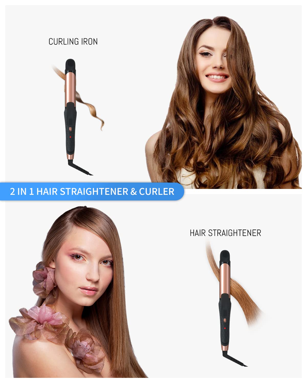 2-in-1 Dual Voltage Hair Curling Iron - Travel-Friendly Straightener | 100V-250V