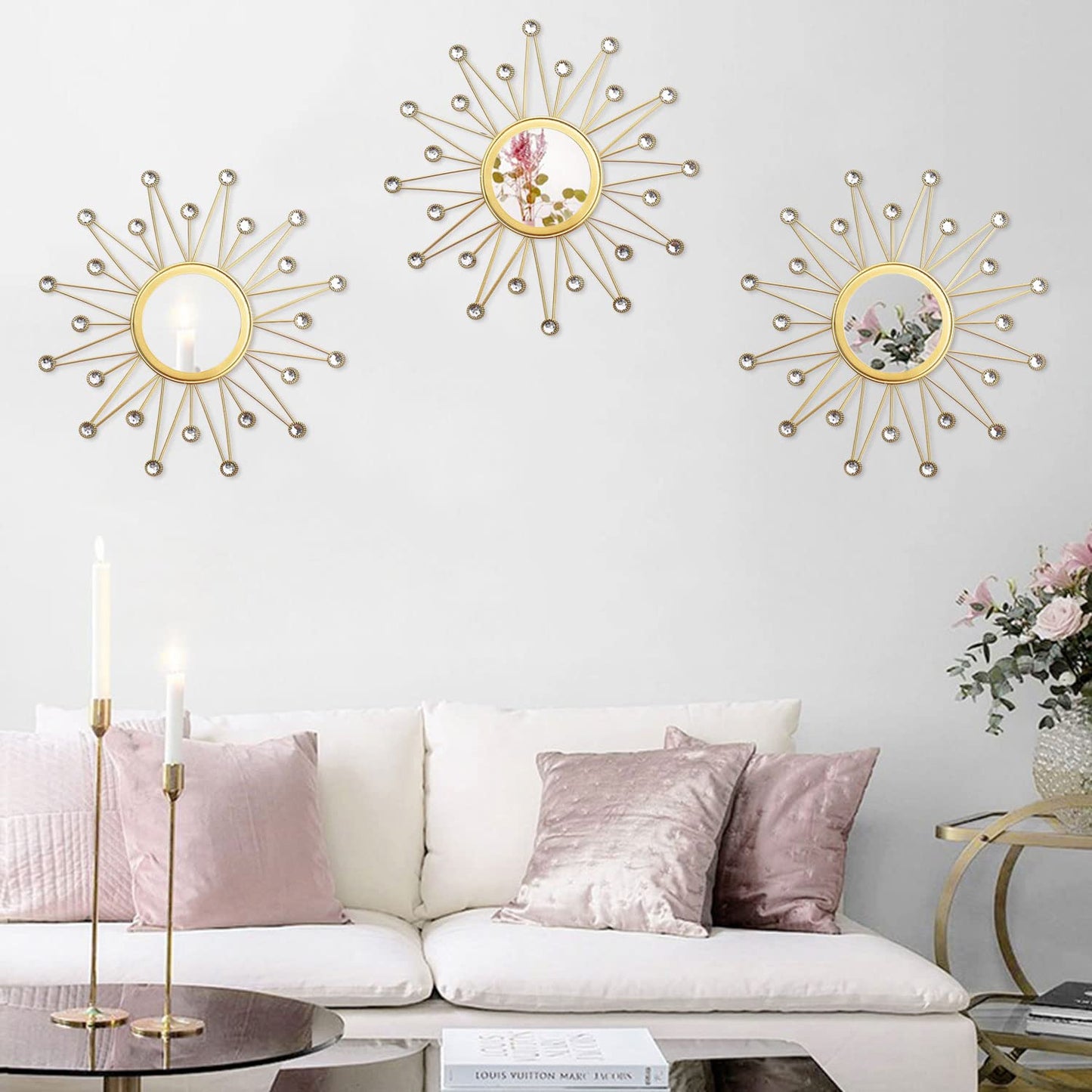 Uaussi 3 Pack Crystal Sunburst Wall Mirror Décor Rhinestone Mirrors Decorative Home Wall Art for Living Room Bedroom Entryway (Triangle Burst Gold)