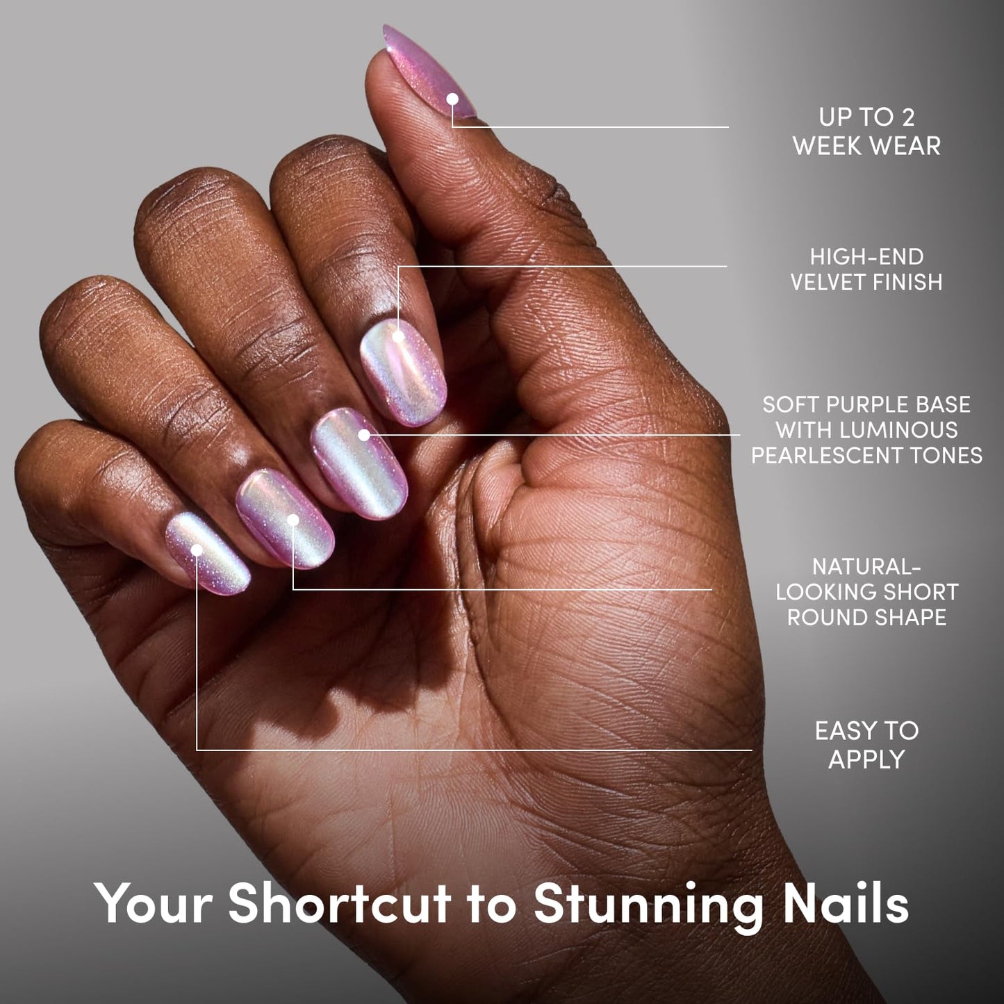 Glamnetic Press On Nails - Short Round Fake Nails | Pearlescent Purple Velvet Press On Nails, Salon Quality Kit with Glue | Oyster Glow - 30 Nail Set in 12 Sizes