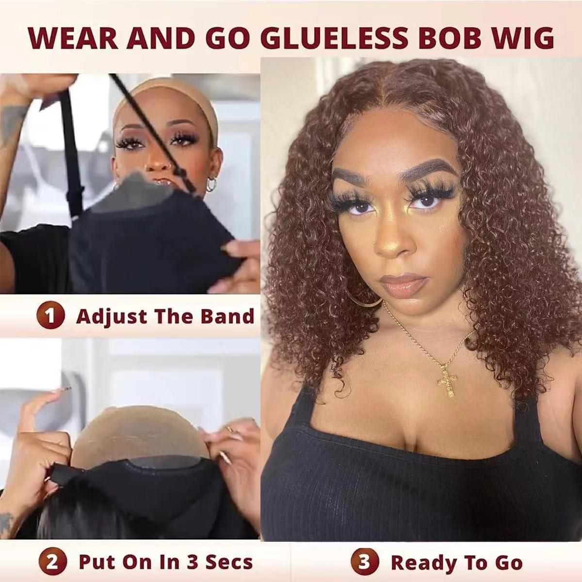 Maytune Chocolate Brown Culry Bob Wig Human Hair Glueless Wigs Human Hair Pre Plucked Pre Cut 4# Deep Wave Human Hair Bob Wigs For Black Women Wear and Go Glueless Wig Deep Wave 14Inch