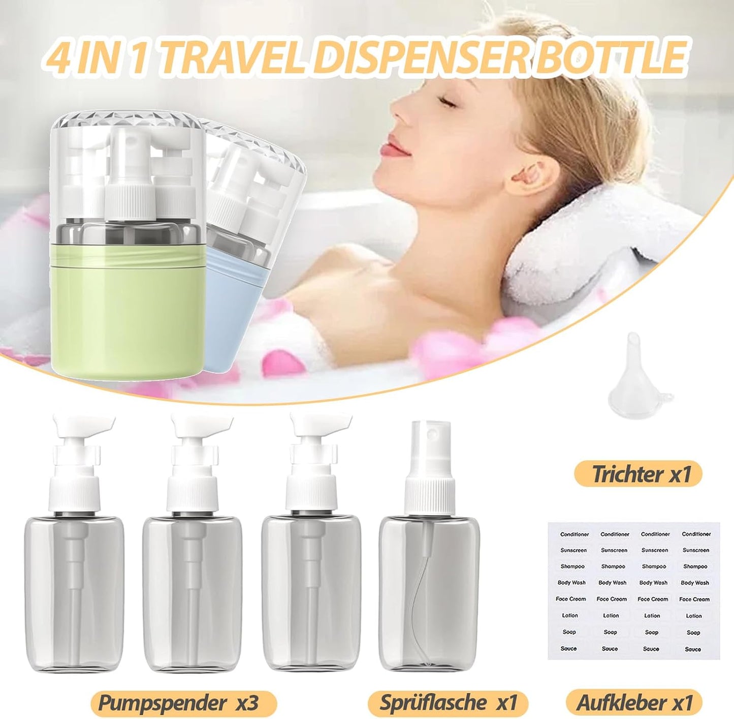 Travel Dispenser Bottle - 4 In 1 Refillable No-Spill Compact Design | Green, Space-Saving for Vacations & Business Trips