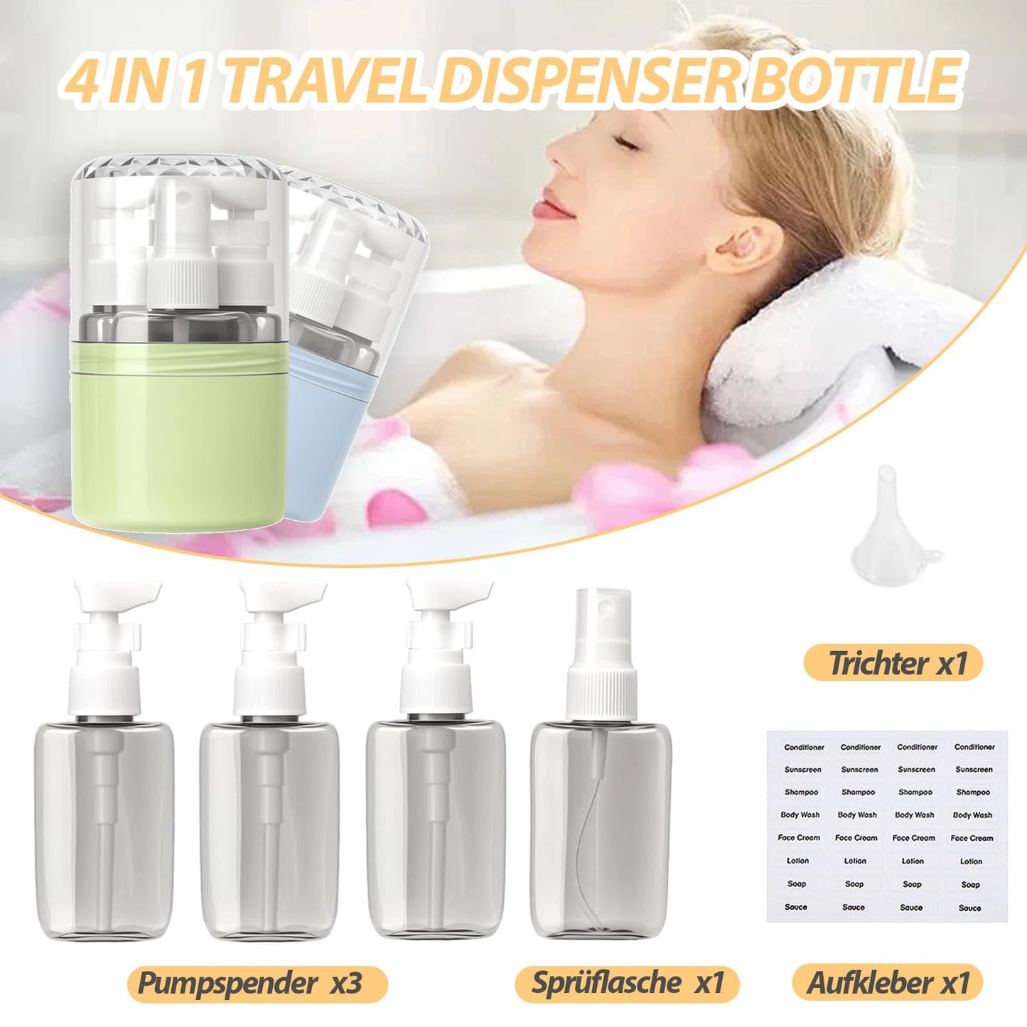 Xkingpreo 4 In 1 Travel Dispenser Bottle Refillable, Travel Bottles No Spill Space Saving Compact, For Vacation Business Trip, With Scale, English Label (Pink,4-1)