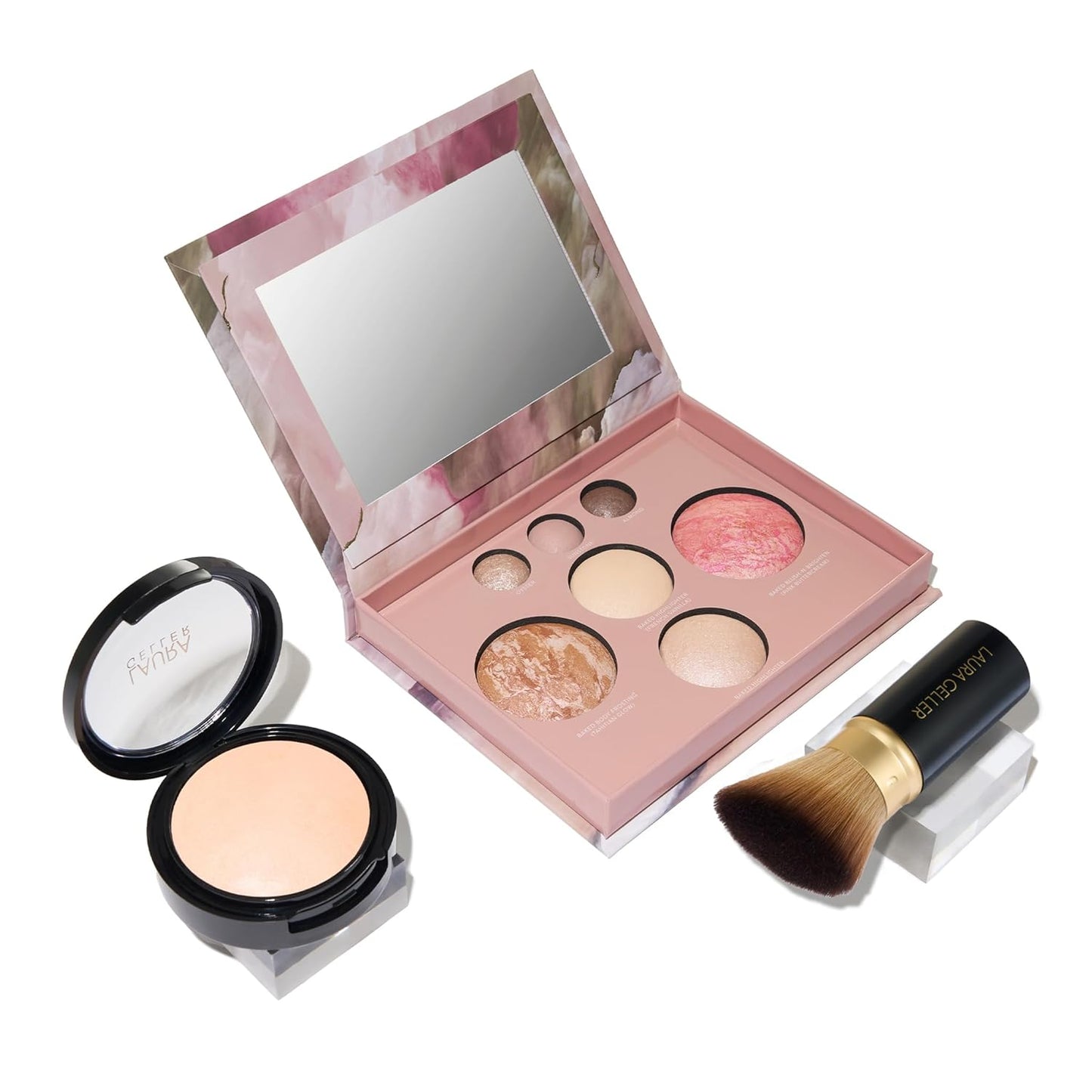 Laura Geller Baked Starter Kit - Full Coverage Double Take Powder Foundation & Face Palette | Retractable Kabuki Brush (01 Porcelain)