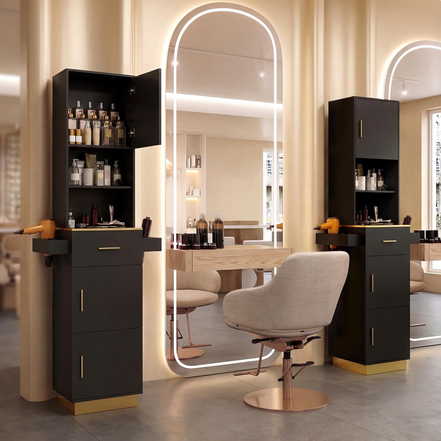 Oakvera Tall Hair Salon Station for Hair Stylist with Storage (Black)