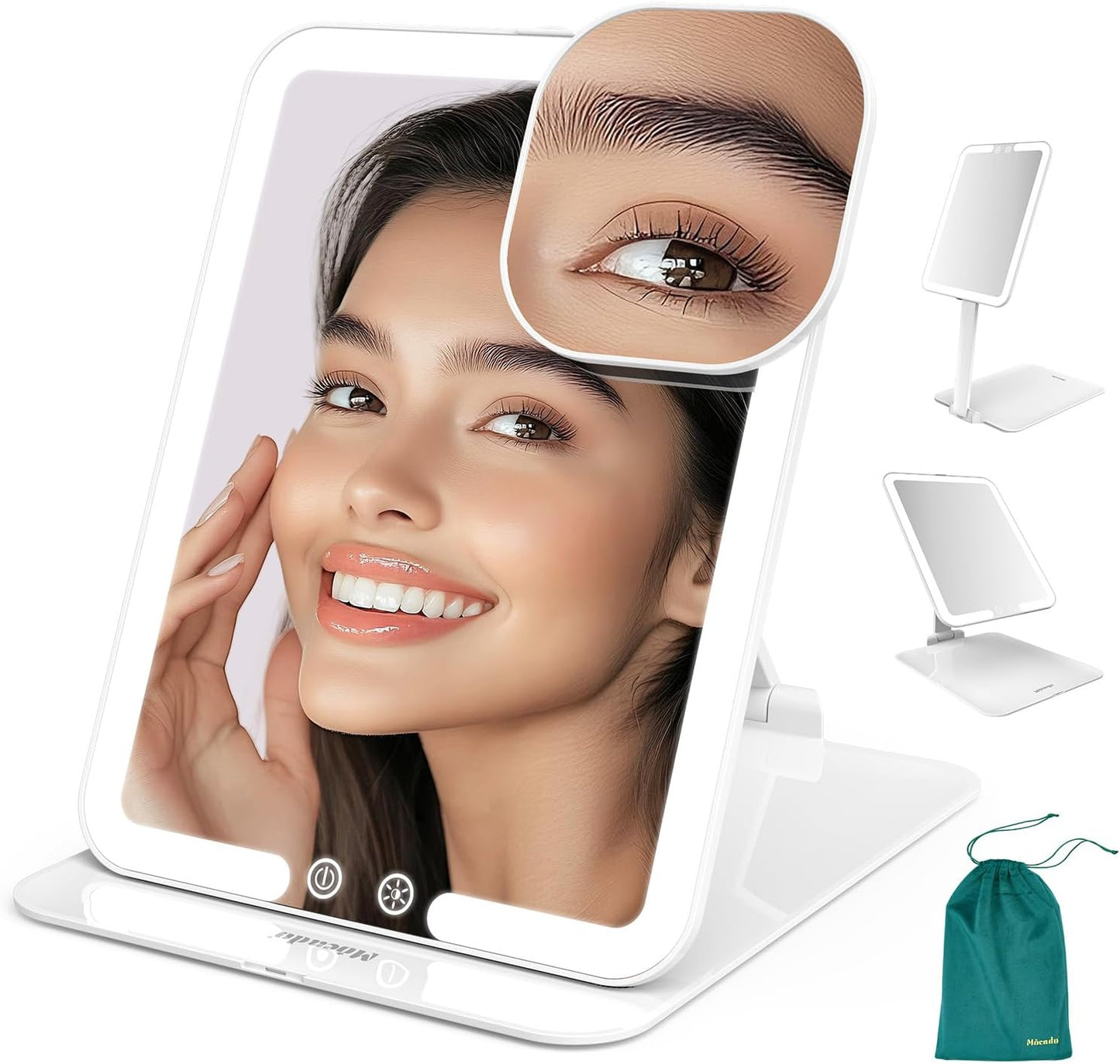 Mocado Travel Makeup Mirror - Lighted Triple Folding Vanity Mirror with 3 Color Settings | Rechargeable 1500mAh Battery, Adjustable Height & Angle (Black)