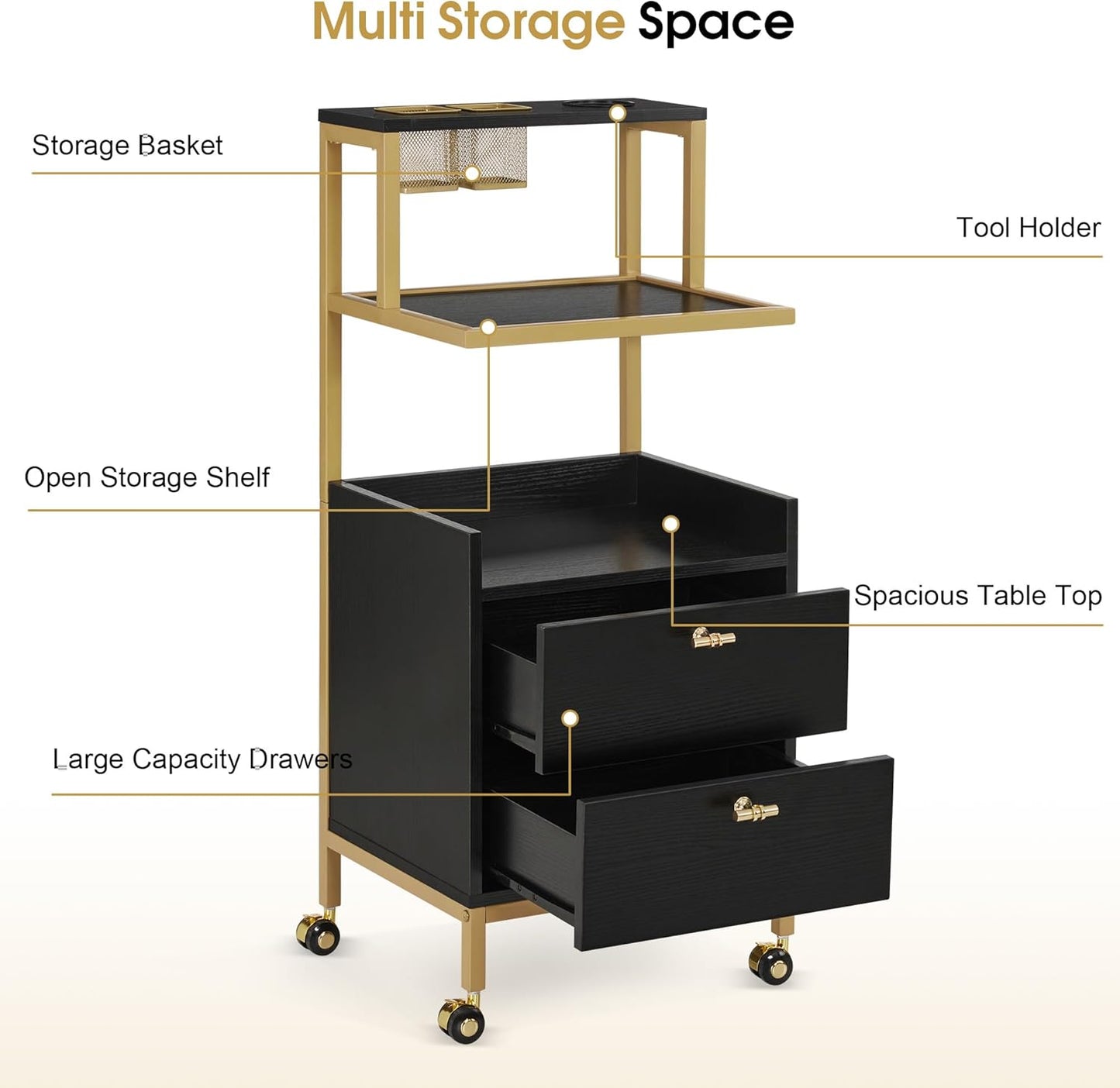 Rolling Salon Cart for Hair Stylists - Barber Trolley with Metal Tool Holder & Storage Drawers | Large Black
