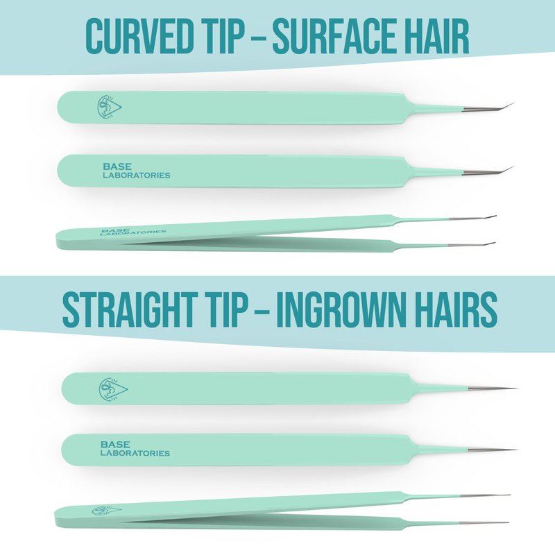 Base Labs Ingrown Hair Tweezers Set – 2 Pack Precision Tweezers for Ingrown Hair Removal, Curved & Pointed Tip Stainless Steel Tweezers with Protective Case for Razor Bumps, Splinters & Facial Hair