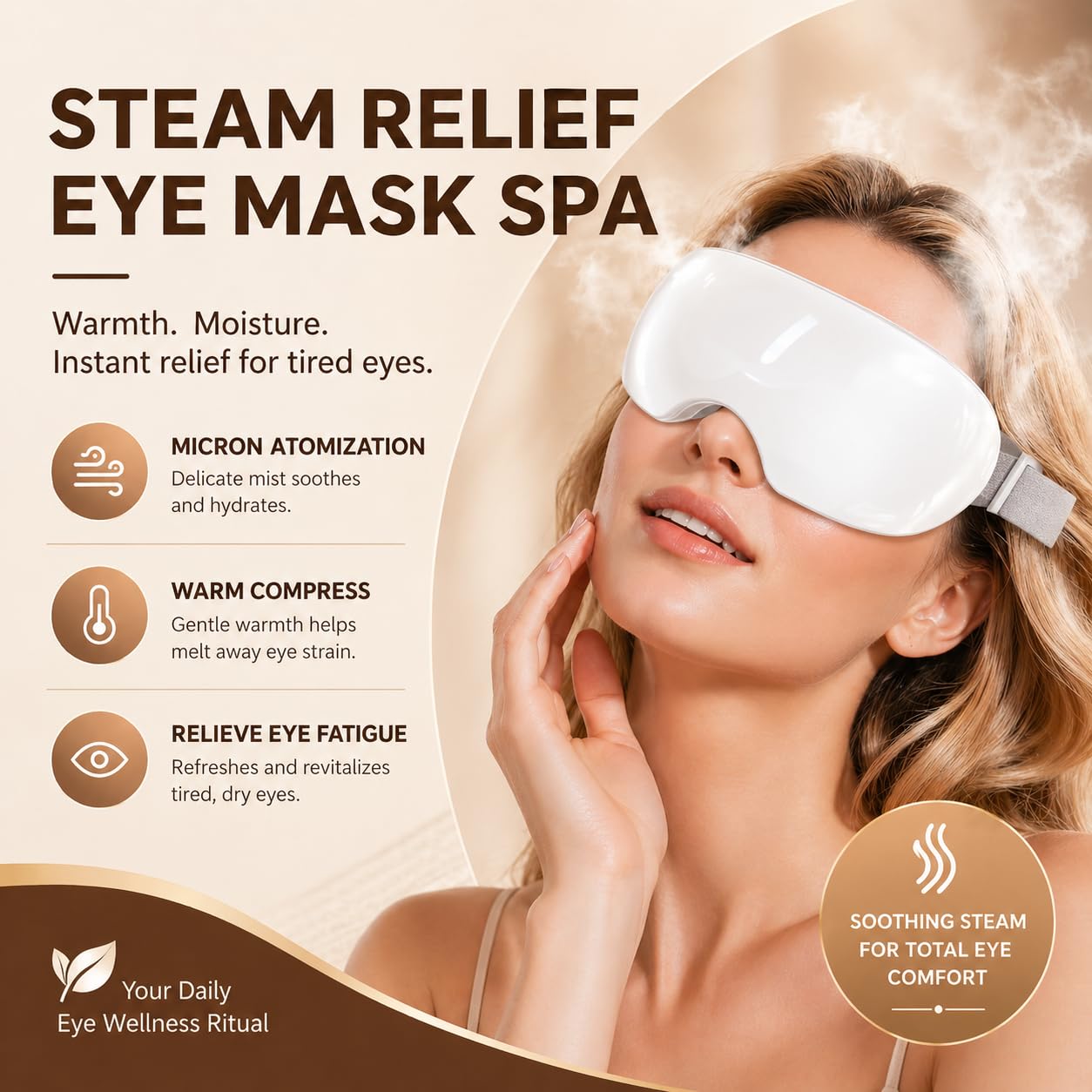 Beminda Steam Eye Therapy - Adjustable Steam Eye Mask for Dry Eyes - Smart Nano Mist Eye Steamer with Heat for Moisturizing & Relief - Cordless & Portable Eye Spa (1PCS)