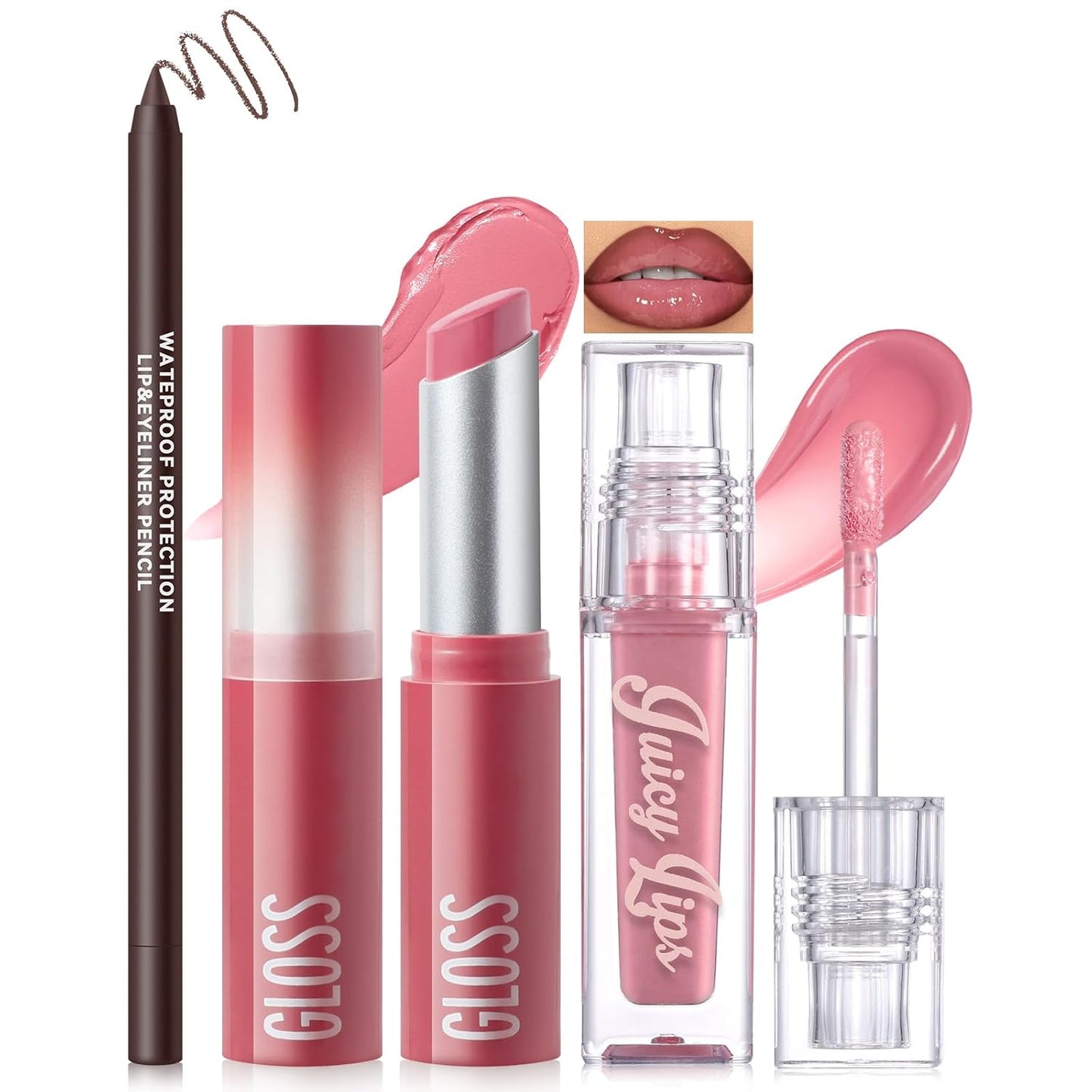 Lip Combo Set - Brown Matte Lip Liner, Hydrating Tinted Balm & Plum Cherry Gloss | Long-Lasting, High Pigment Trio