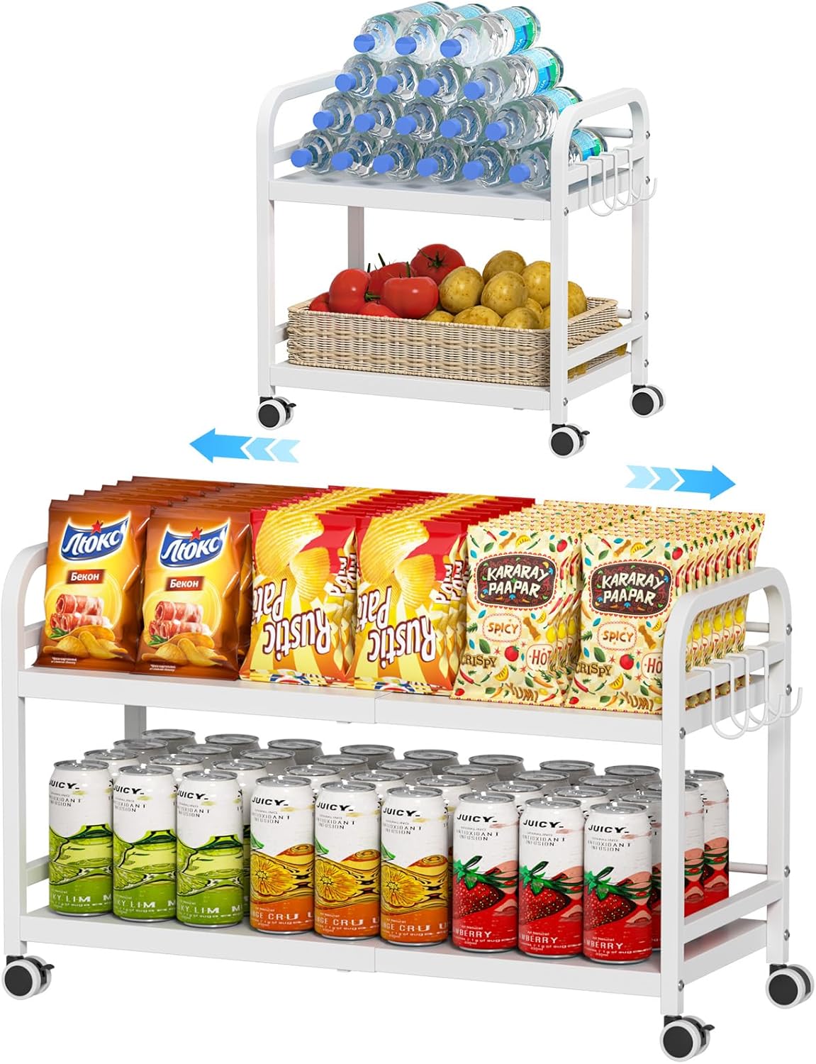Expandable Rolling Cart - 2-Tier Metal Pantry Storage Organizer with Wheels | Adjustable Under Desk Cart for Kitchen