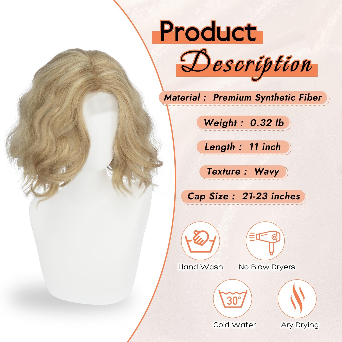 Haloo Blonde Bob Wig for Women Lace Front Hairline Short Soft Wavy Curly Natural Looking Middle Part Synthetic Hair Wigs for Daily Party, 11 Inch Blonde Highlights