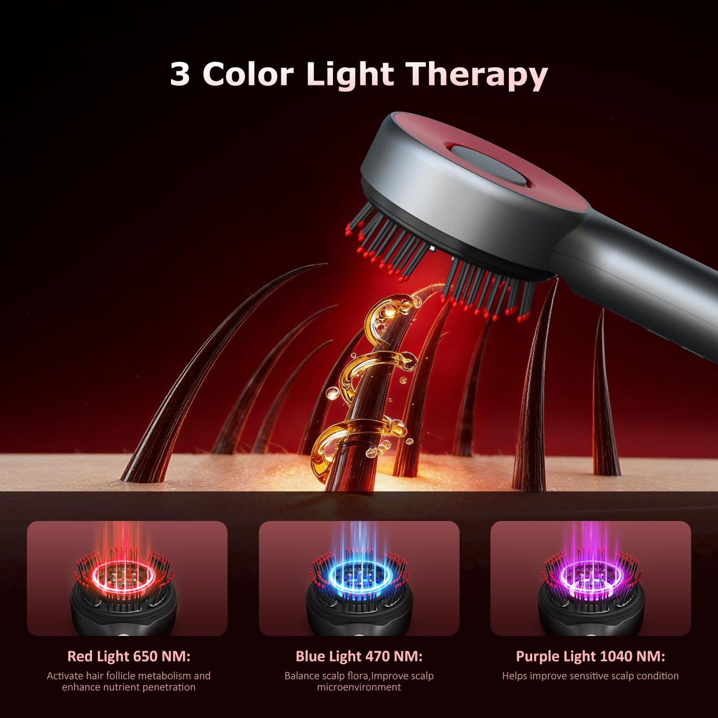 Uoboo Laser Therapy Hair Growth Comb, 3 in 1 Hair Growth Brush Electric Scalp Massager Oil Applicator High Frequency Comb, IPX7 Waterproof Portable Head Massager for Home & Travel
