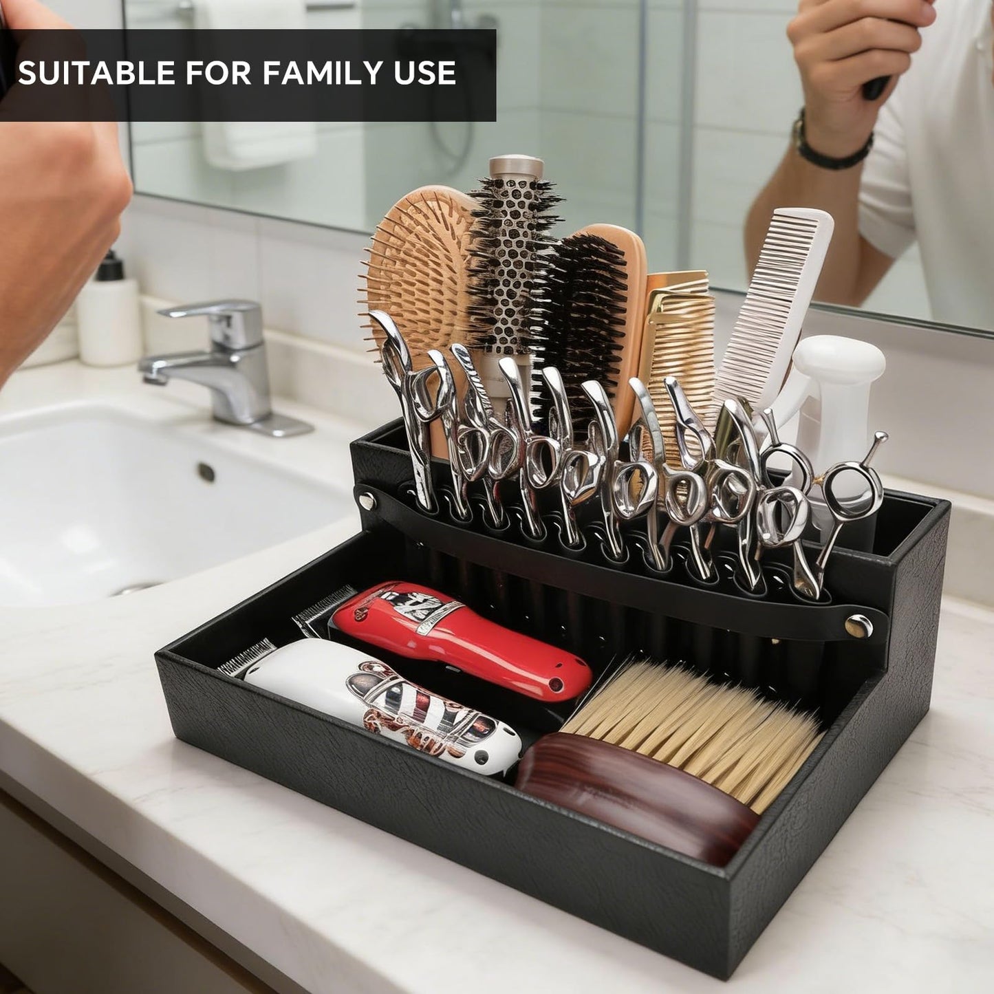 Barber Station Tray for Scissors Holder & Clippers Organizer, Barber Accessories Storage Station for Combs/Hair Clip/Trimmers, Barber Salon Home Desktop Tool Organizer(Small 11.9" x 8.8" x 4.4")