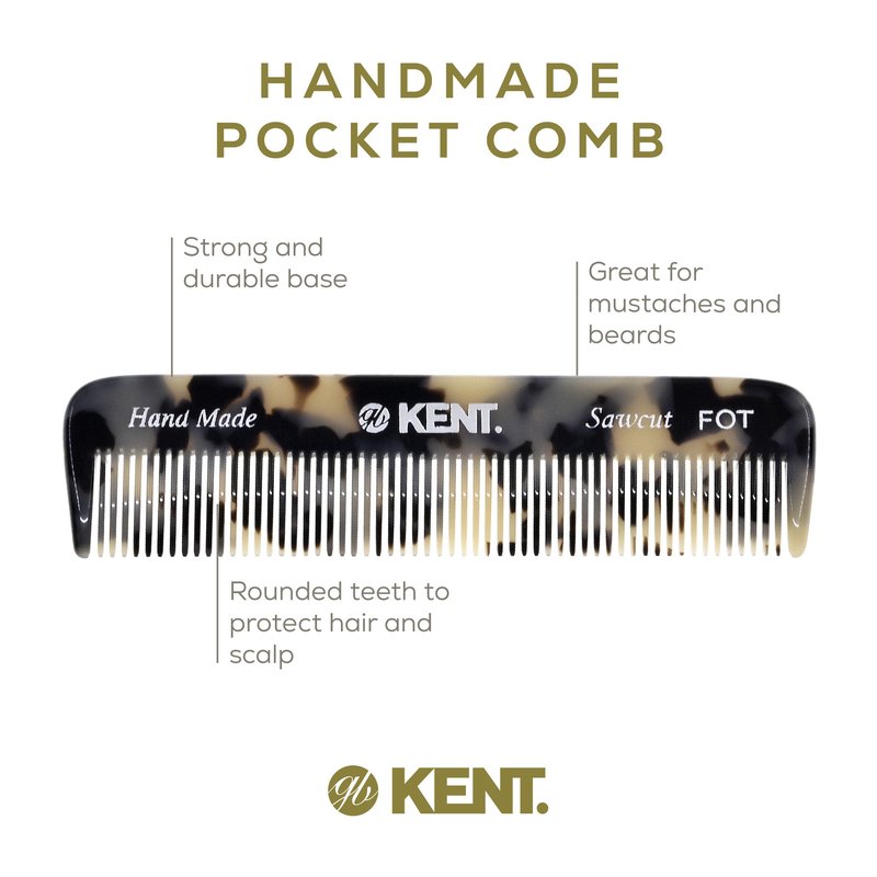 Kent FOT TW Fine Tooth Comb for Men - Handmade Pocket Comb for Travel, Styling, Fine or Thinning Hair, Mustache and Beard Care Handpolished Saw-Cut Made in England