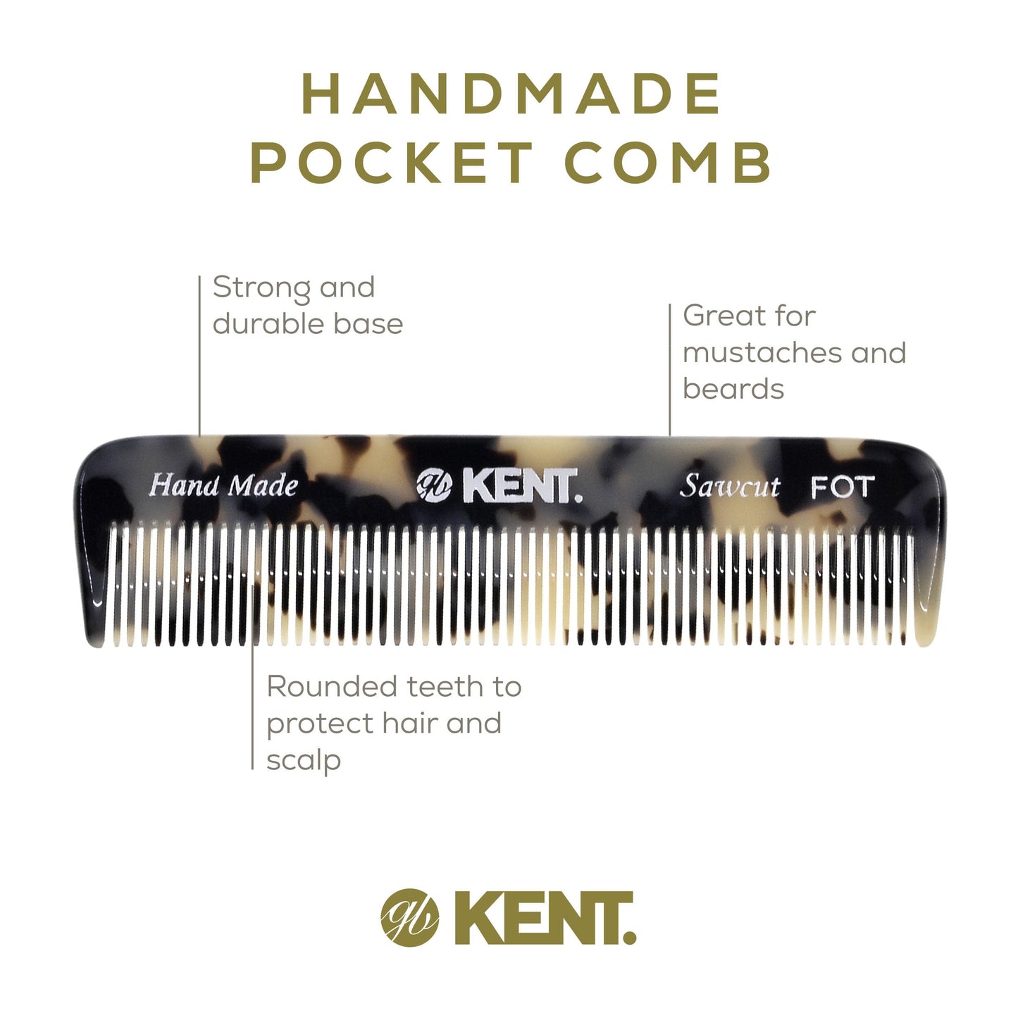 Kent FOT Tokyo White Fine Tooth Comb for Men - Handmade Pocket Comb for Travel, Styling, Fine or Thinning Hair, Mustache and Beard Care Handpolished Saw-Cut Made in England