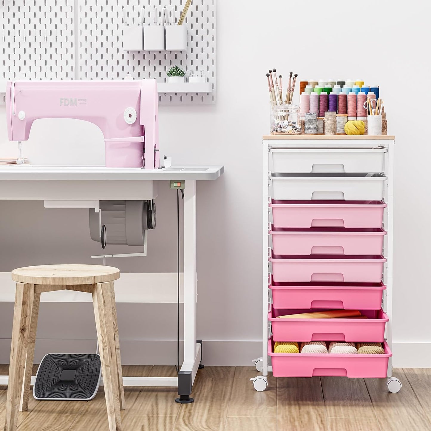 Rolling Cart with Drawers - Pink Storage Cart with 8 Plastic Drawers & Wooden Tabletop | Ideal for Crafts & Teachers