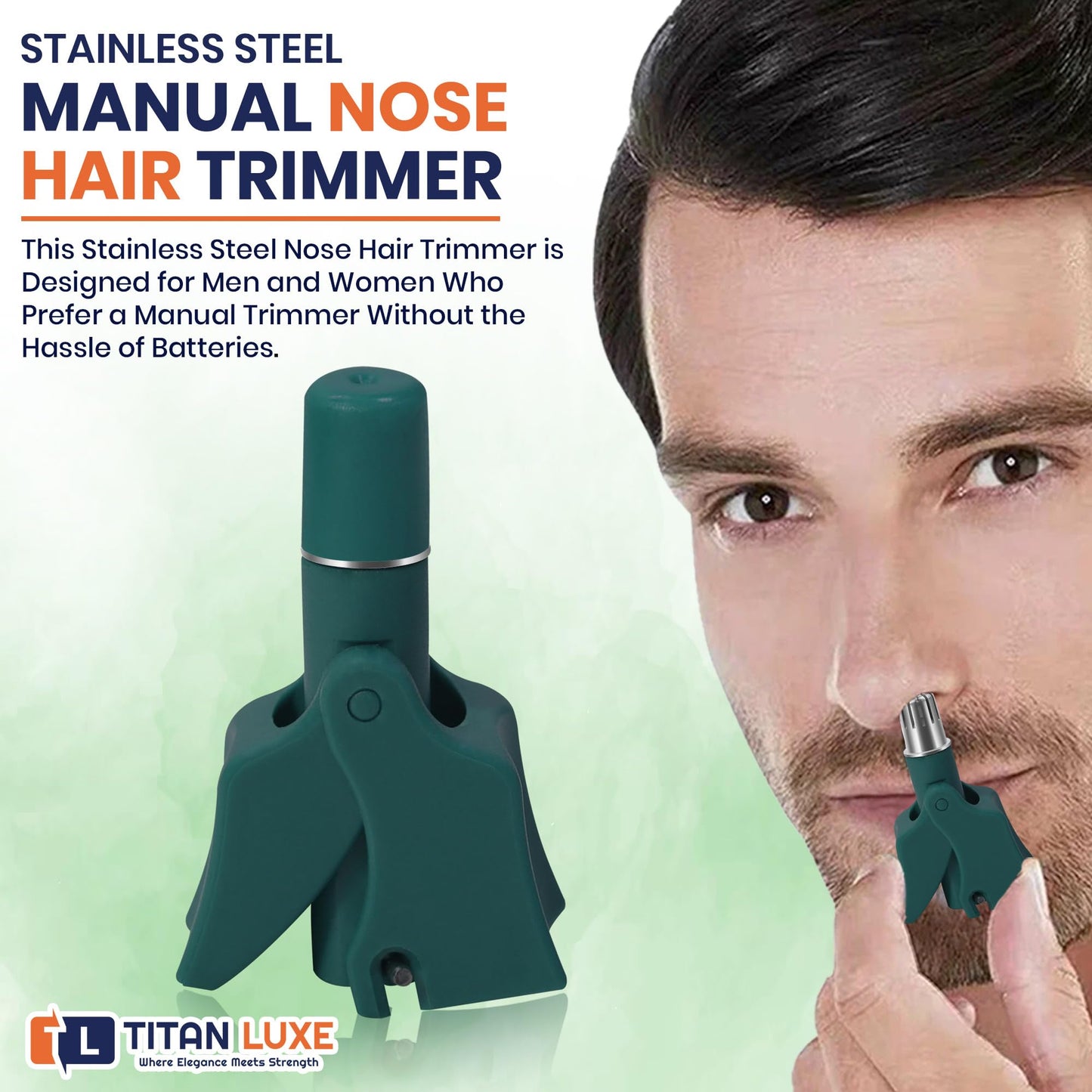 Titan Luxe Stainless Steel Hair Trimmer for Men and Women | Manual Nose and Ear Hair Trimmer | Nose Clippers, 360° Rotating Hair Trimmers | Washable Nose Hair Remover | Green